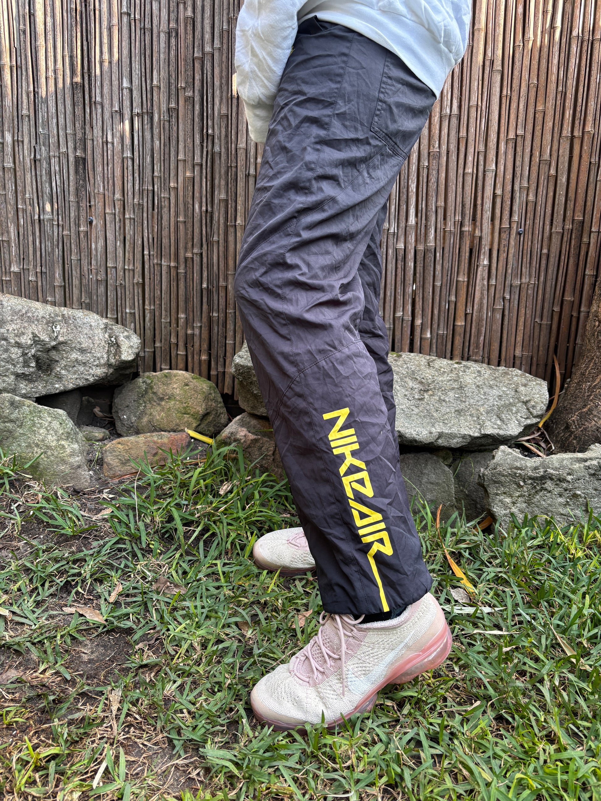 Vintage Y2K Nike Air Track Pants Size M Black Yellow Spell Out Logo Windbreakers