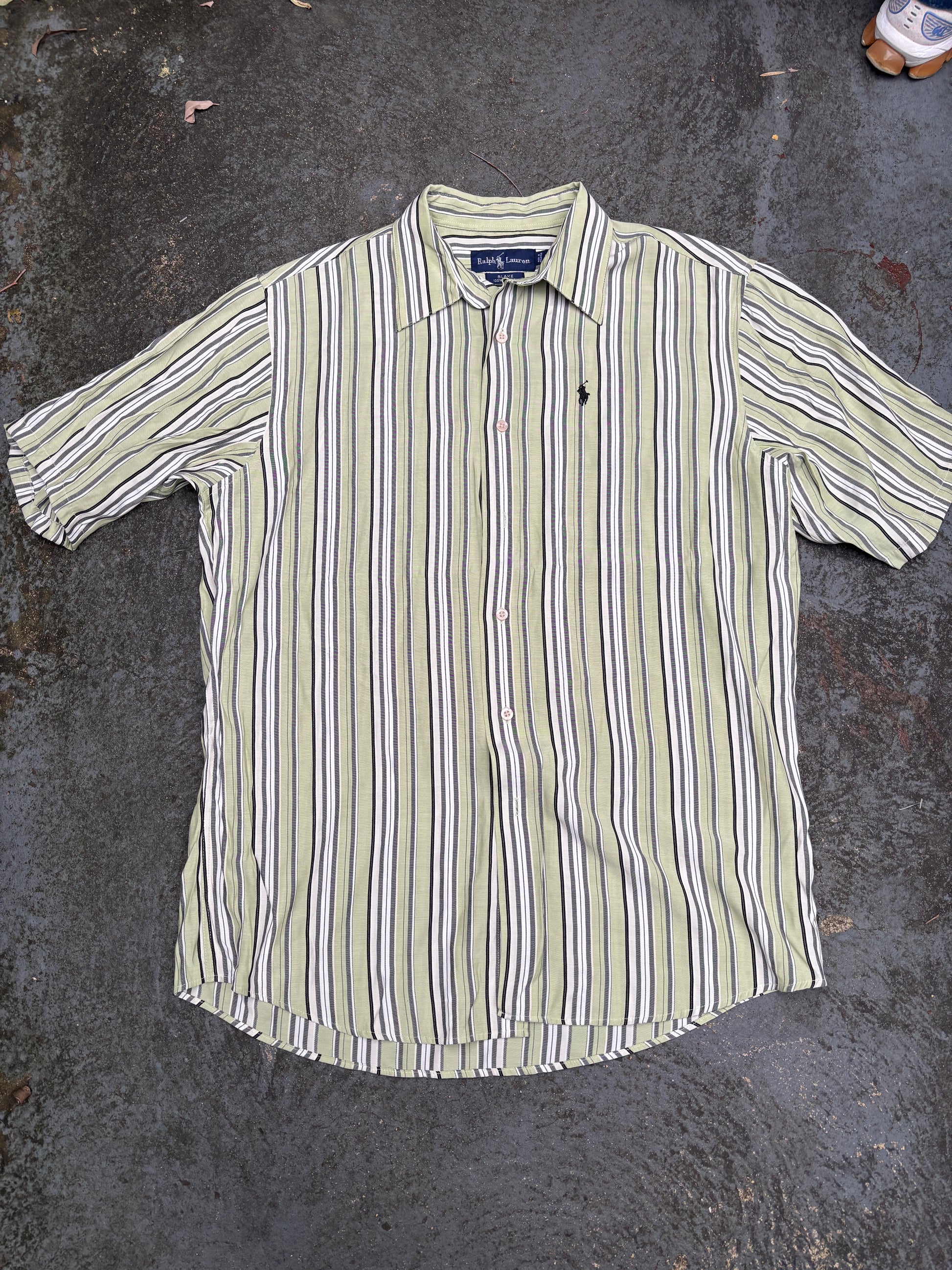 Vintage 90s Ralph Lauren Shirt Size L Green Striped Short Sleeve Navy Pony