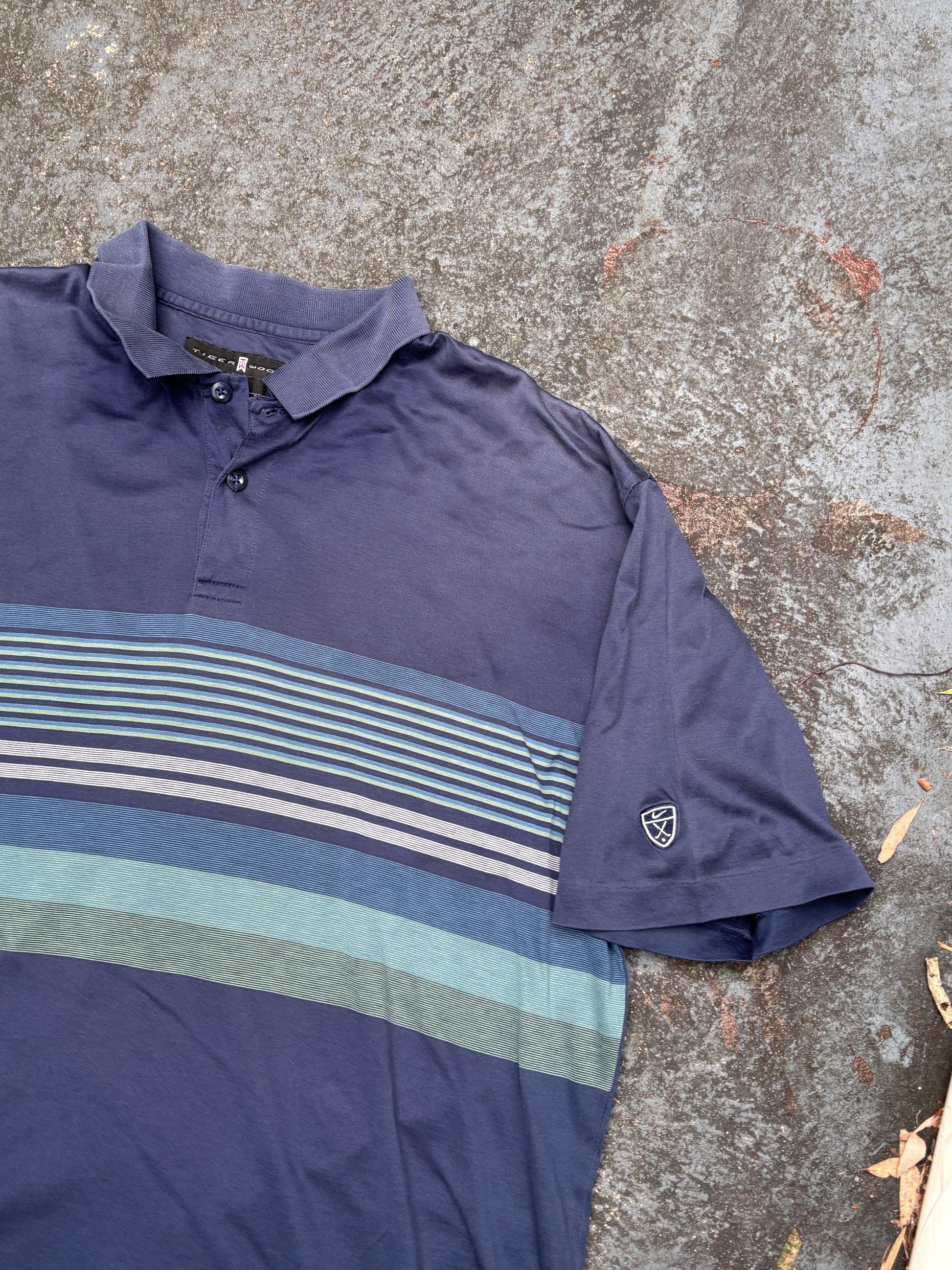 Vintage 90s Nike Golf x Tiger Woods Polo Shirt Size L Navy Stripe Sleeve Logo