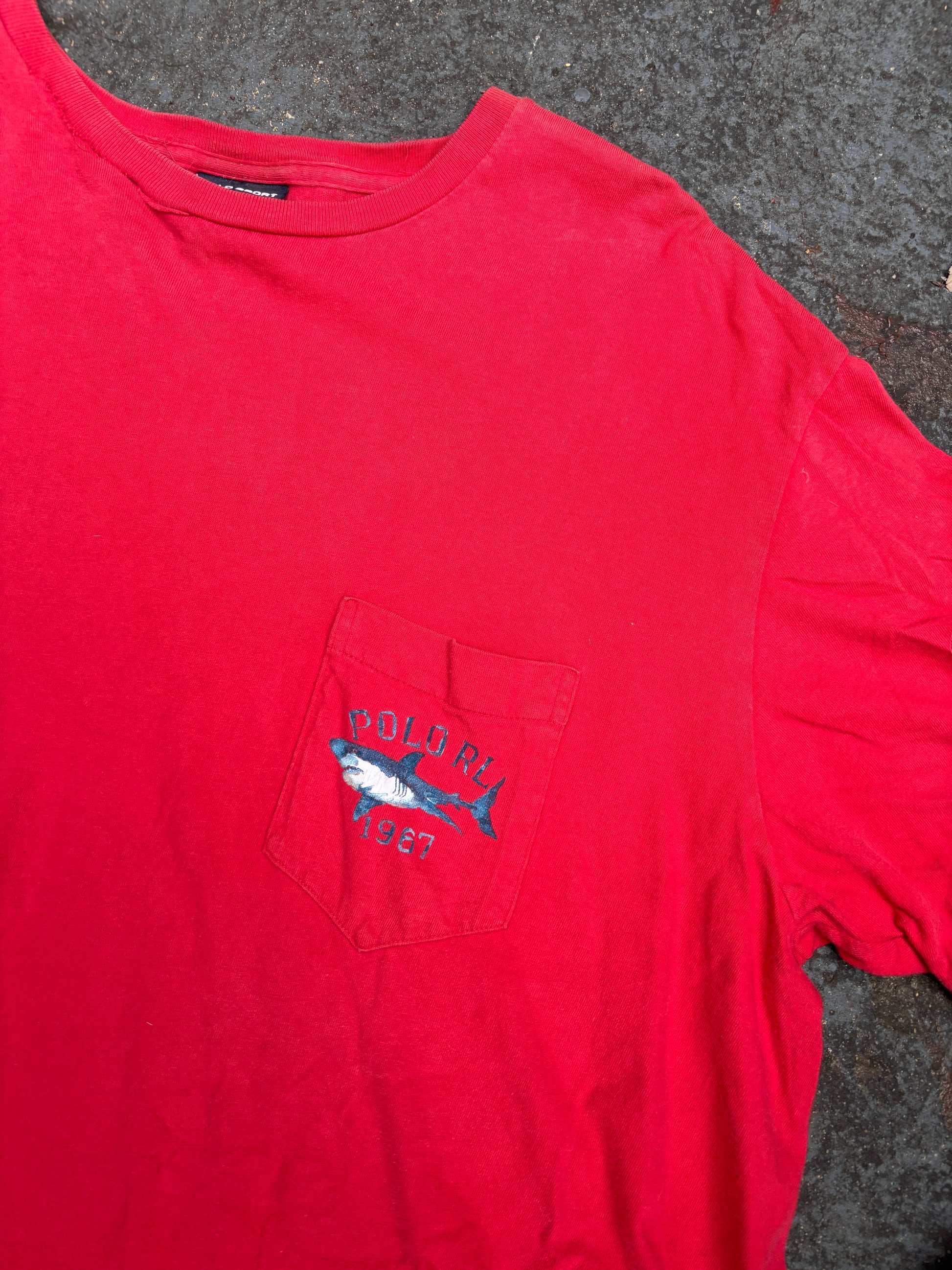Vintage 90s Ralph Lauren Polo Sport Shark T-Shirt Sz L Red Chest Pocket Cotton