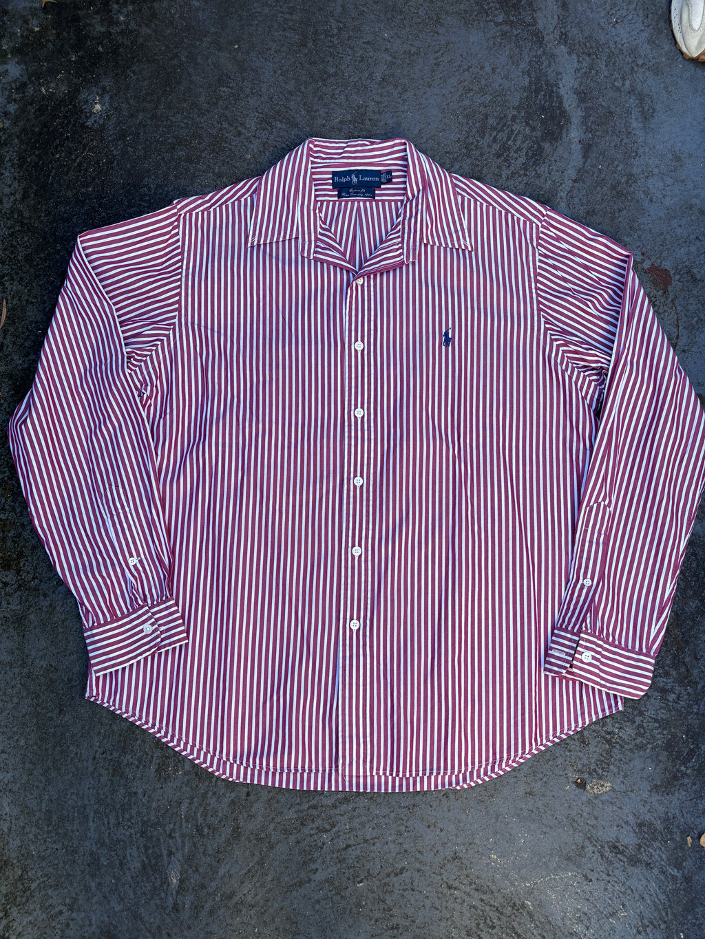 Vintage 90s Ralph Lauren Shirt Size XL Red White Stripe 2 Ply Cotton Custom Fit