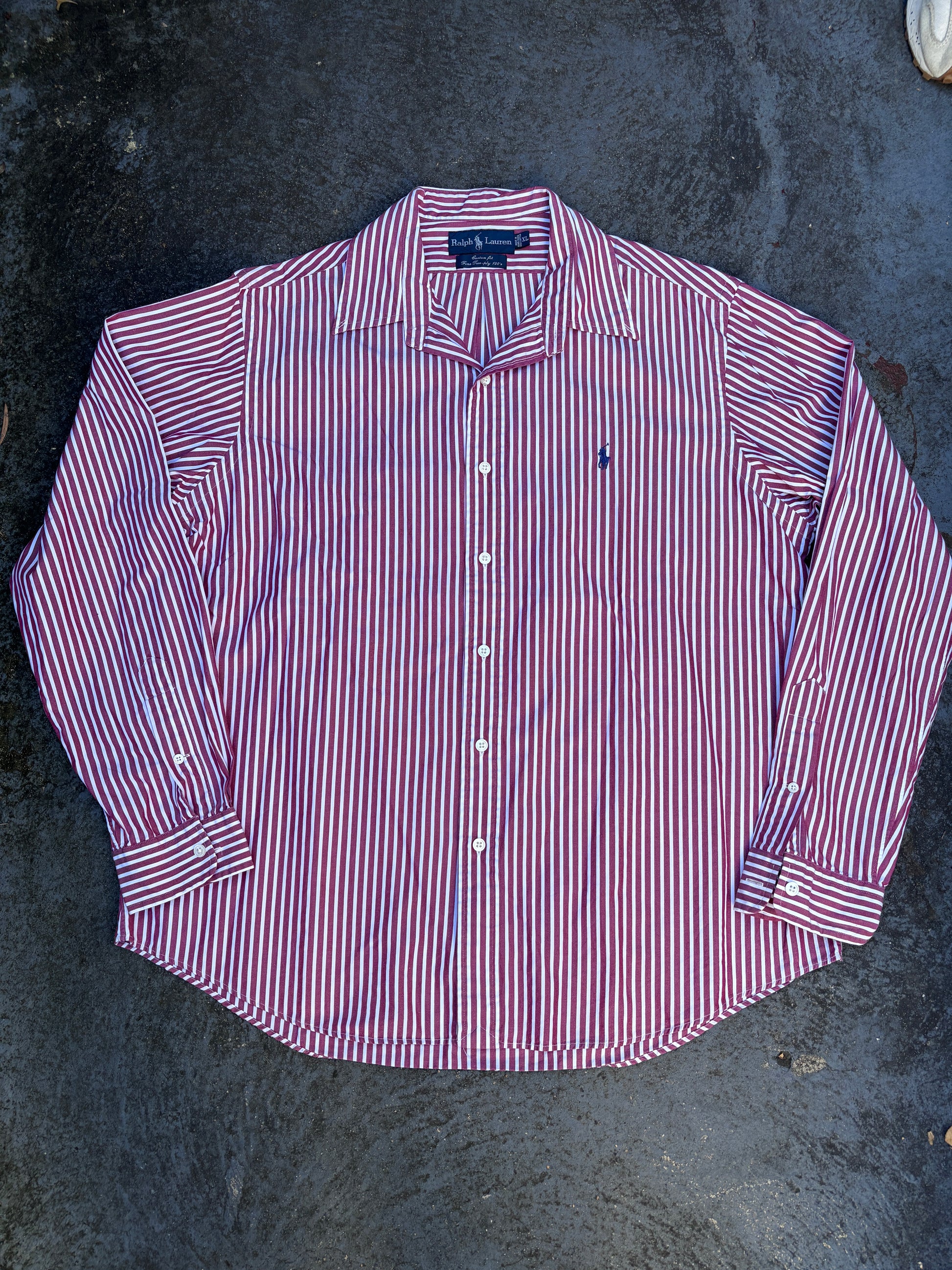 Vintage 90s Ralph Lauren Shirt Size XL Red White Stripe 2 Ply Cotton Custom Fit