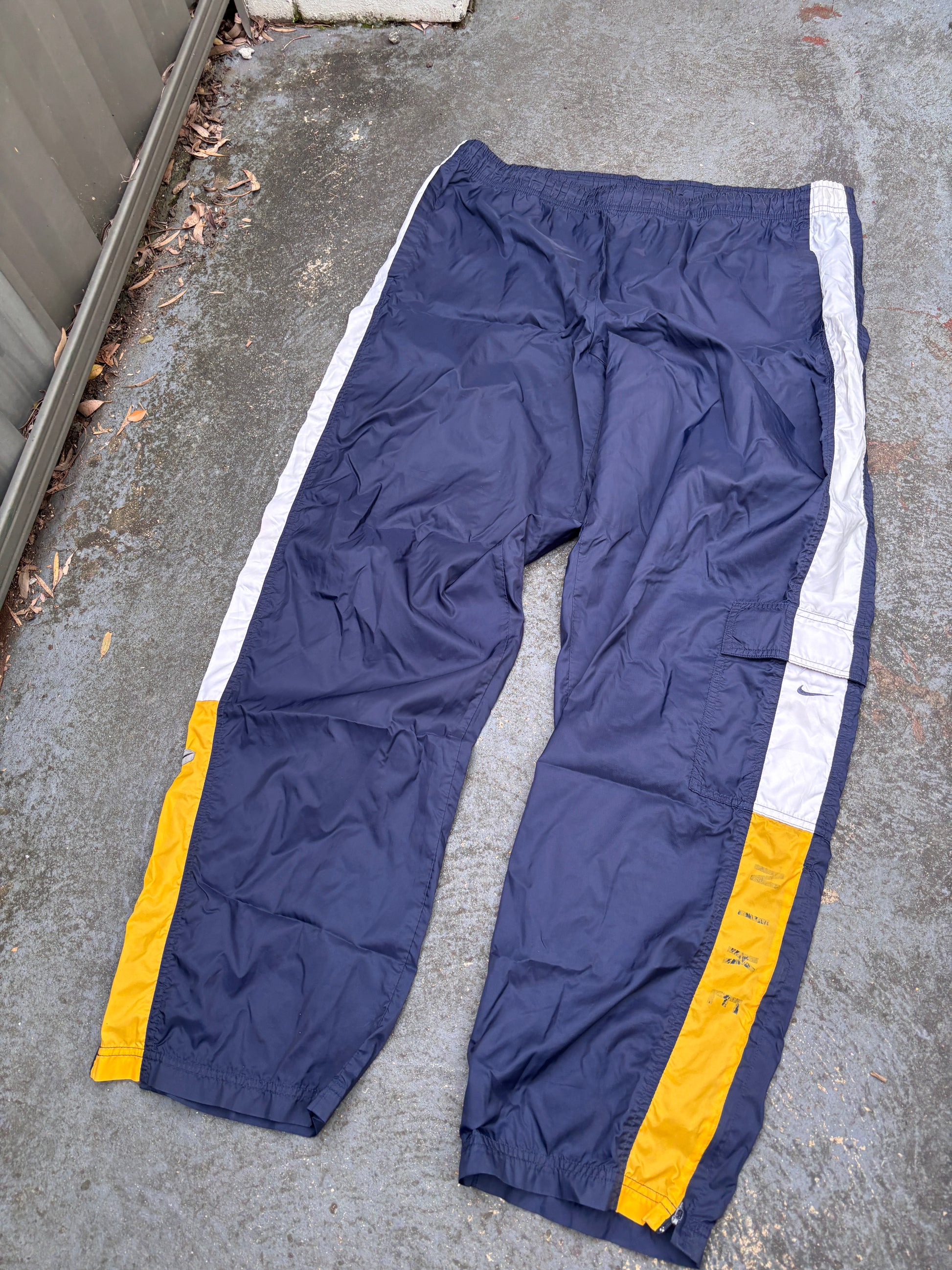 Vintage 90s Nike Cargo Track Pants XL Navy Spell Out Hex Logo Nylon Windbreaker