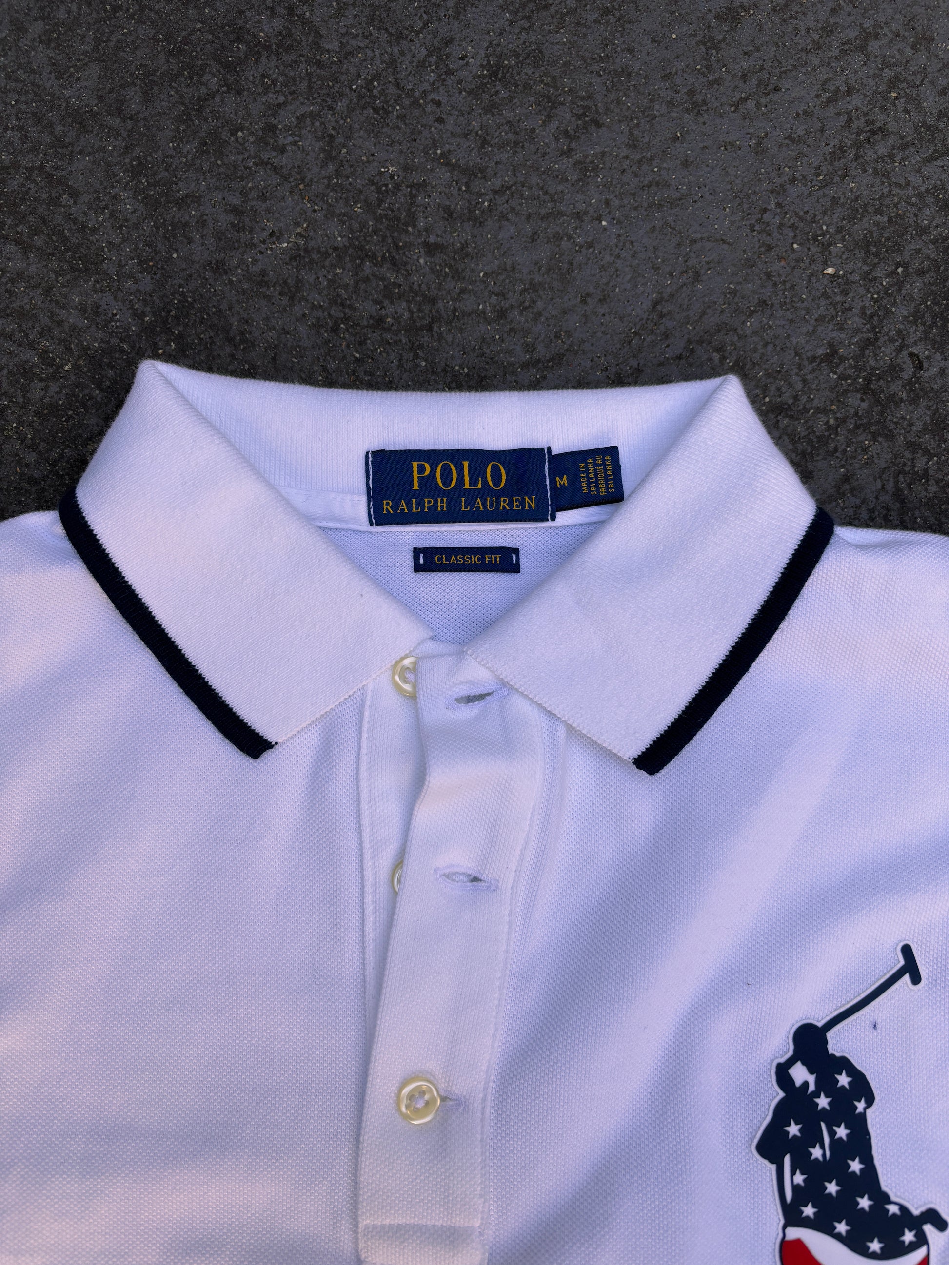 Polo Ralph Lauren Polo Shirt Size M White Large Pony USA Flag Colours Cotton