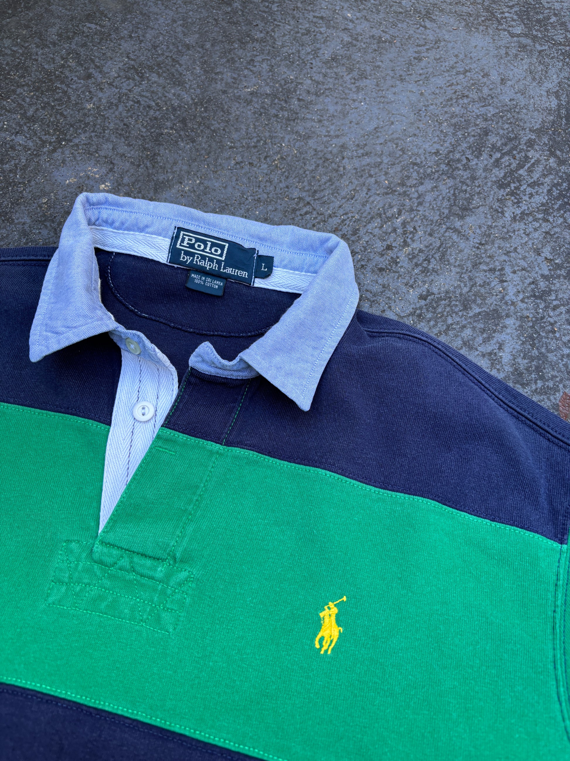 Vintage 90s Polo Ralph Lauren Rugby Polo Men’s L Green Blue Stripe Yellow Pony