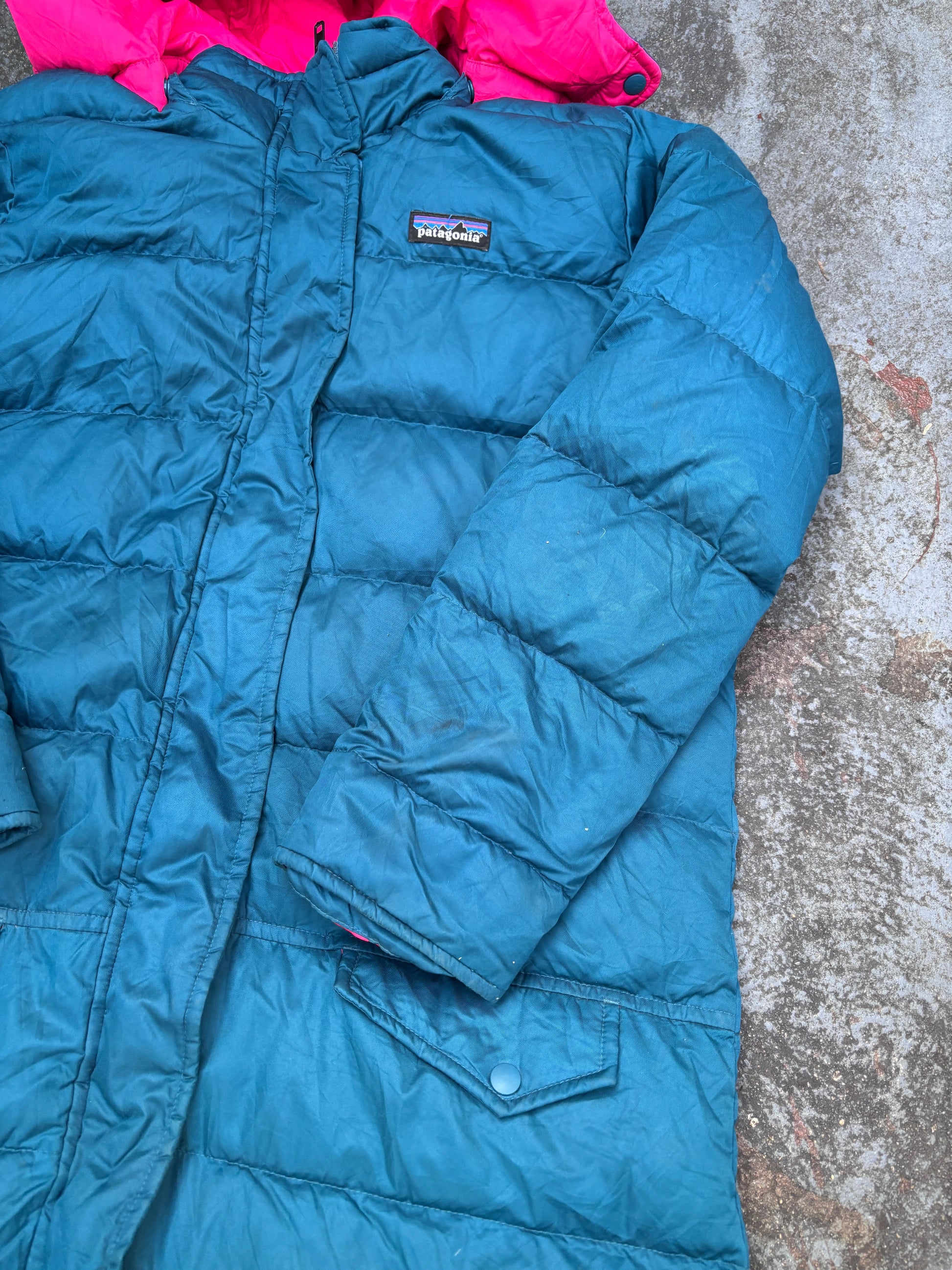 Patagonia Puffer Down Jacket Size S Green Pink Hooded Chest Logo Full Zip