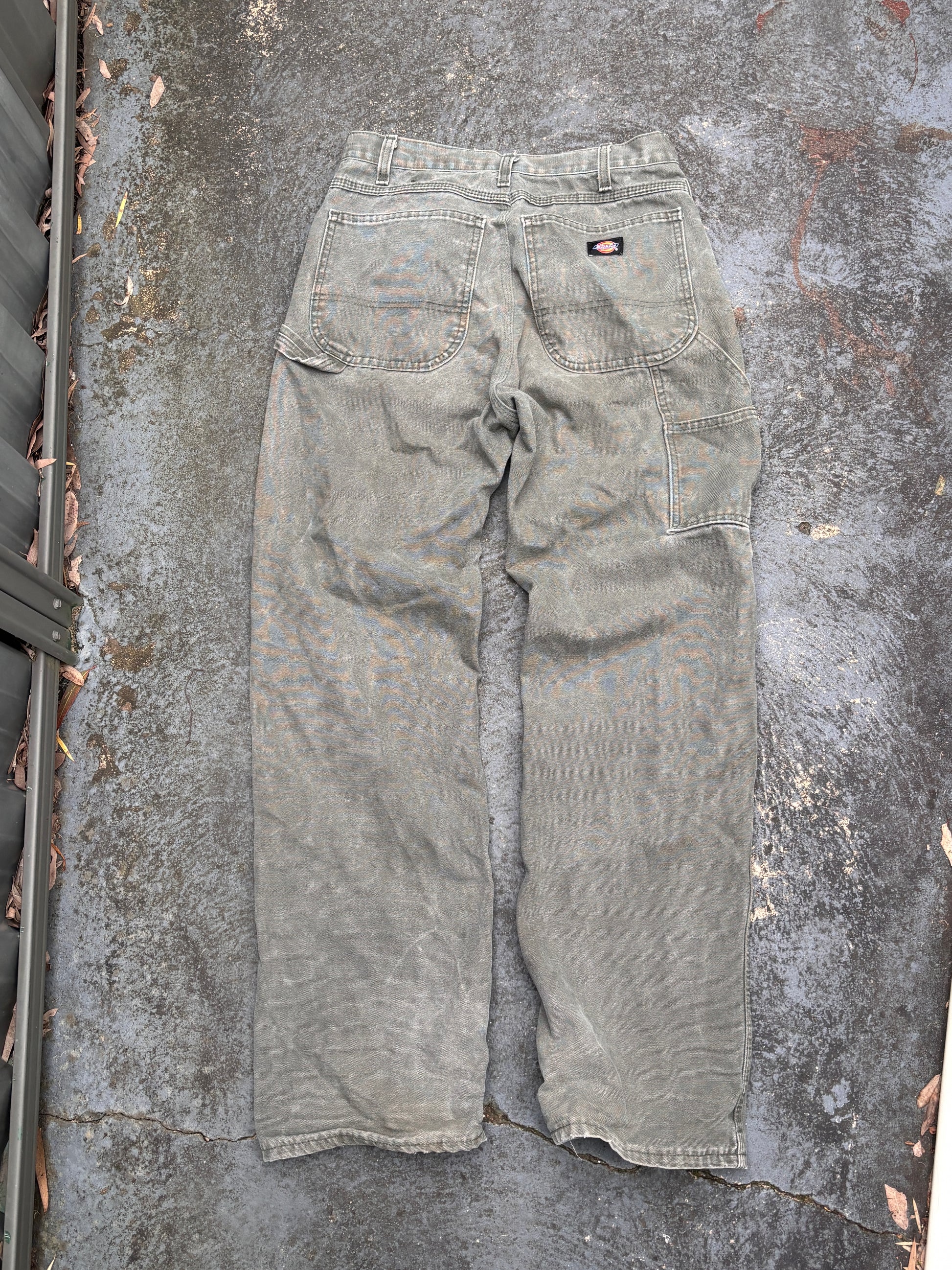 Dickies Carpenter Jeans Size 30 Khaki Olive Green Wide Leg Denim Pocket Logo
