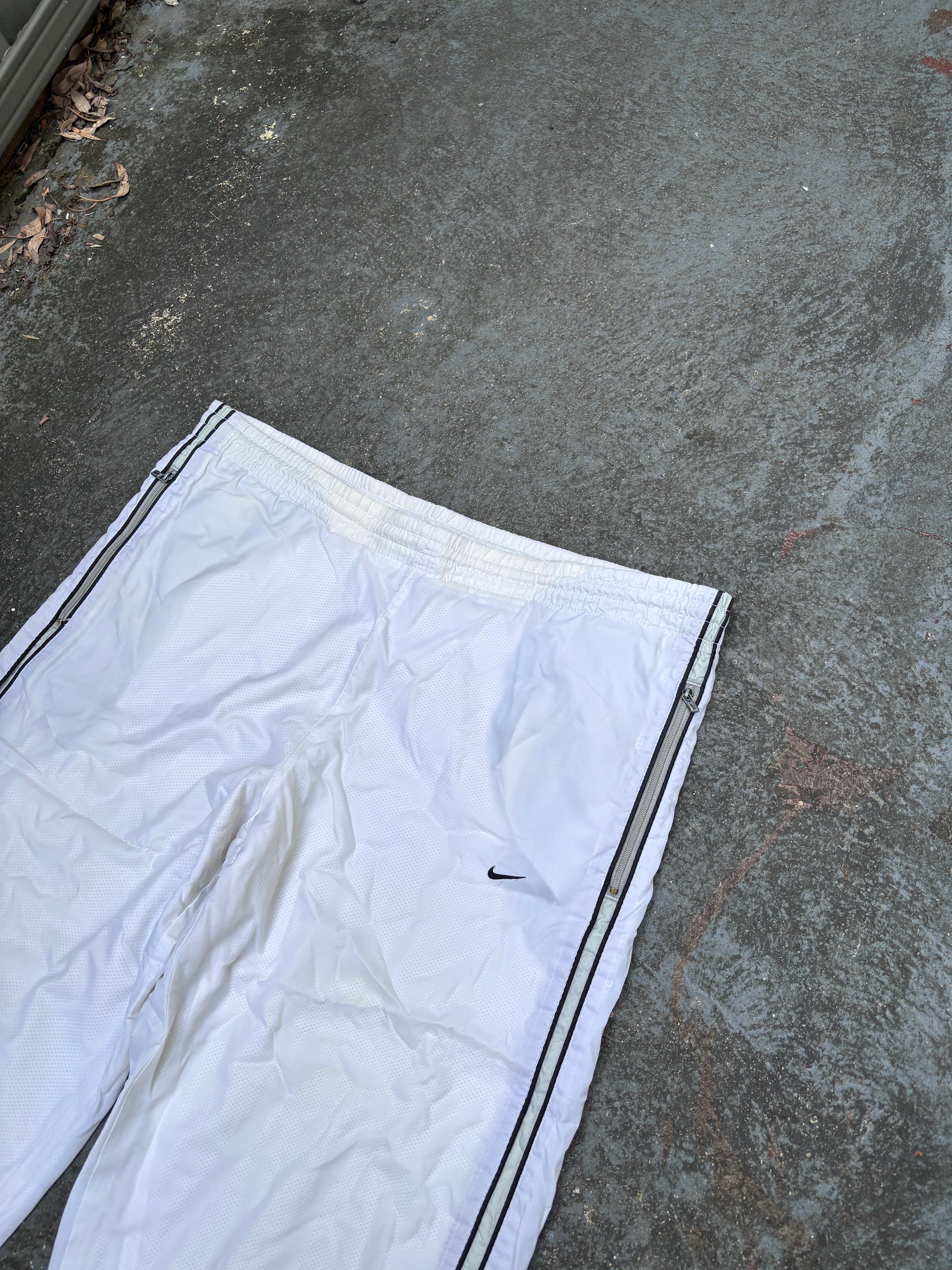Vintage Y2K Nike Track Pants Size S White Blue Detail Wide Leg Nylon Windbreaker