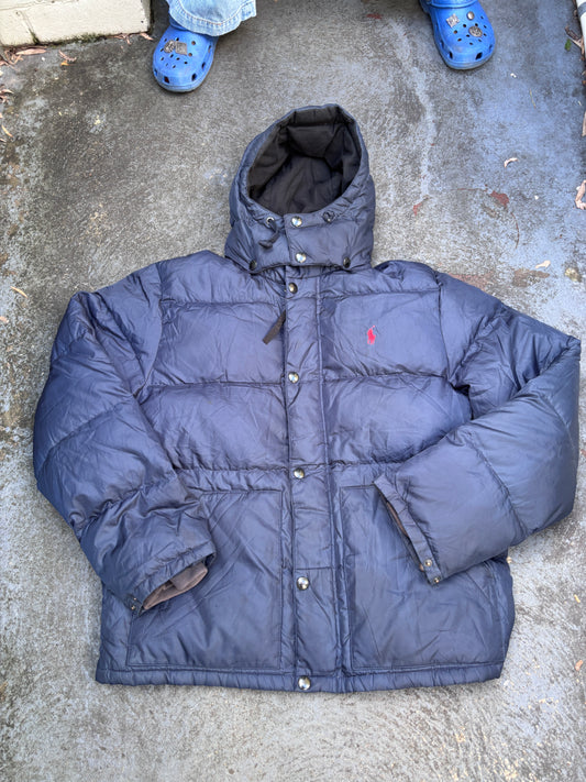 Vintage Y2K Polo Ralph Lauren Down Jacket Sz M Navy Puffer Hood Red Pony Pockets