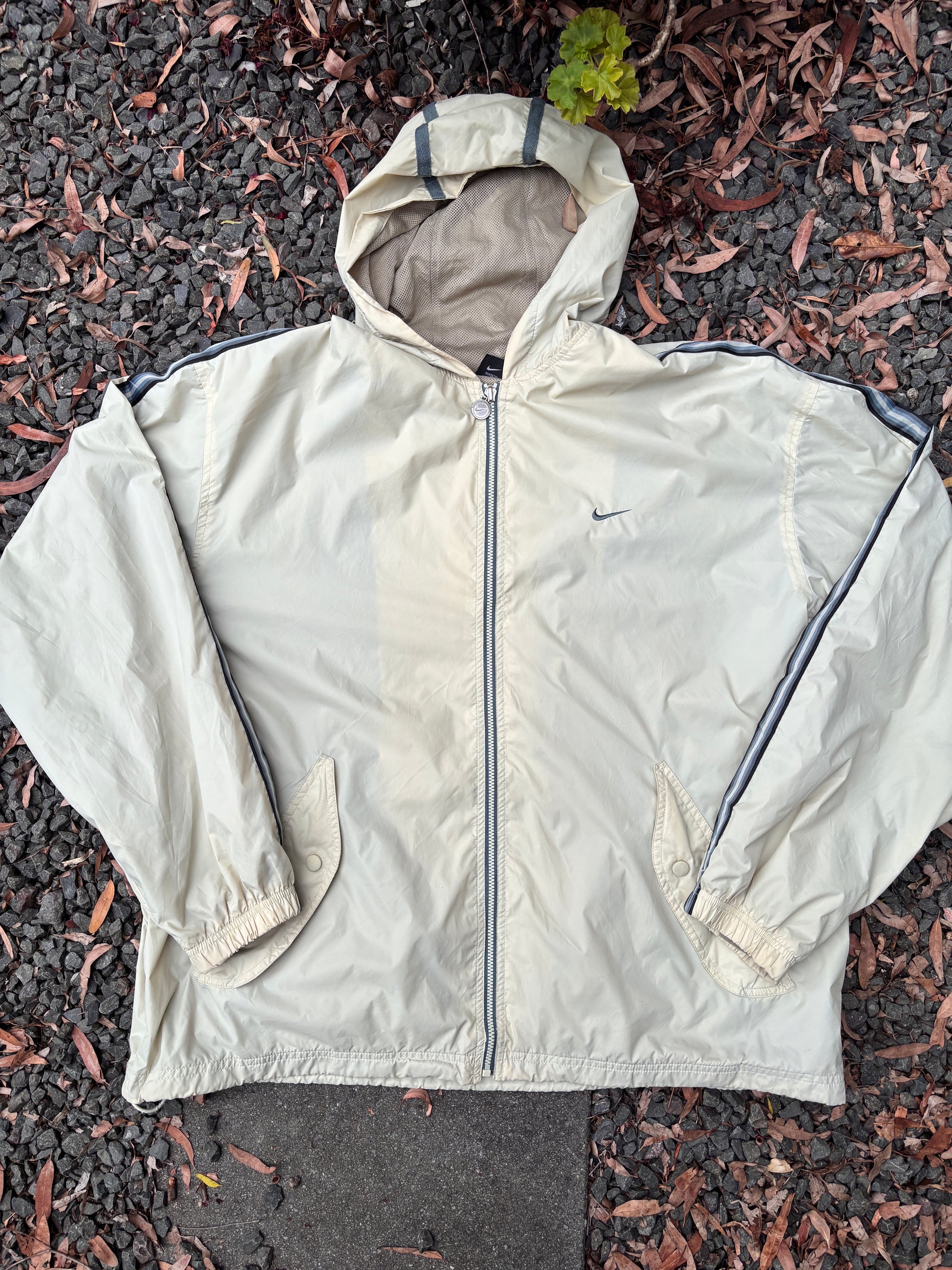 Y2K Nike Nylon Jacket Size XL Off White Cream Hooded Grey Tag Boxy Bungee Waist