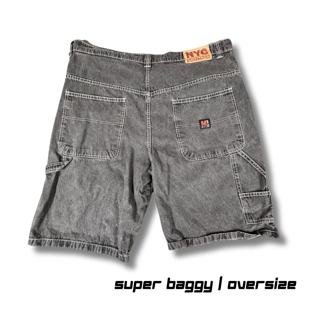 Vintage Mentaga NYC Denim Carpenter Shorts Size 42 Grey Baggy Wide Leg Hip Hop
