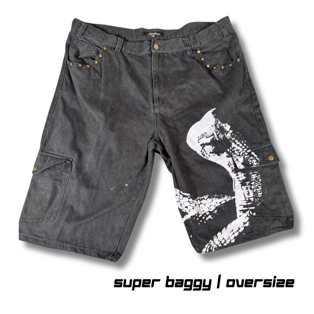 Vintage Mistletoe Cargo Denim Shorts Men’s 44 Black Studded Pockets Baggy Hip Hop