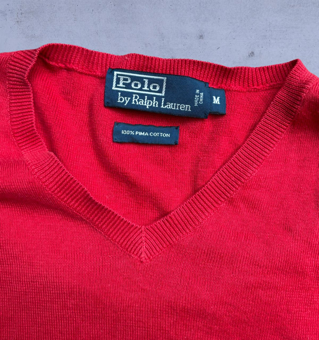 Vintage 90s Polo Ralph Lauren Knit Jumper Men’s M Red Cotton V-Neck Navy Pony