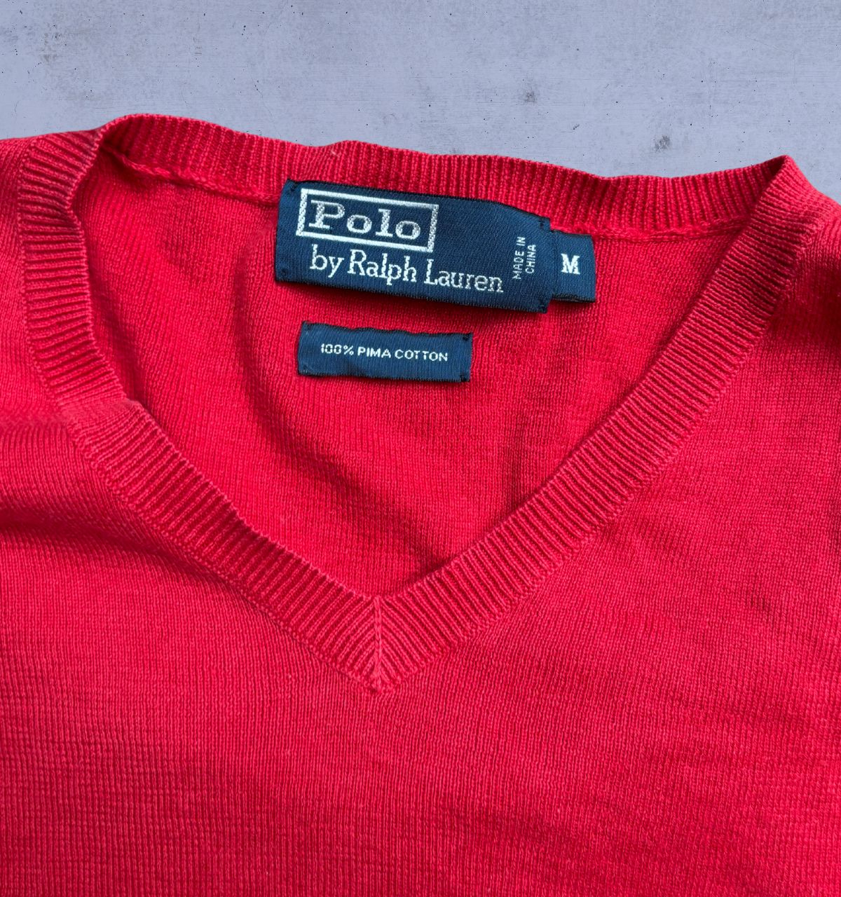 Vintage 90s Polo Ralph Lauren Knit Jumper Men’s M Red Cotton V-Neck Navy Pony