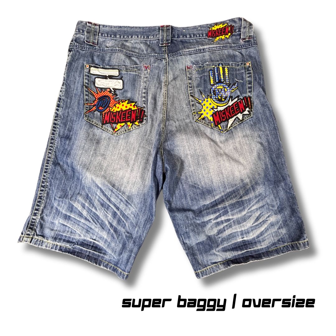 Vintage Miskeen Denim Shorts Men’s 44 Mid-Wash Embroidered Patchwork Hip Hop Jorts