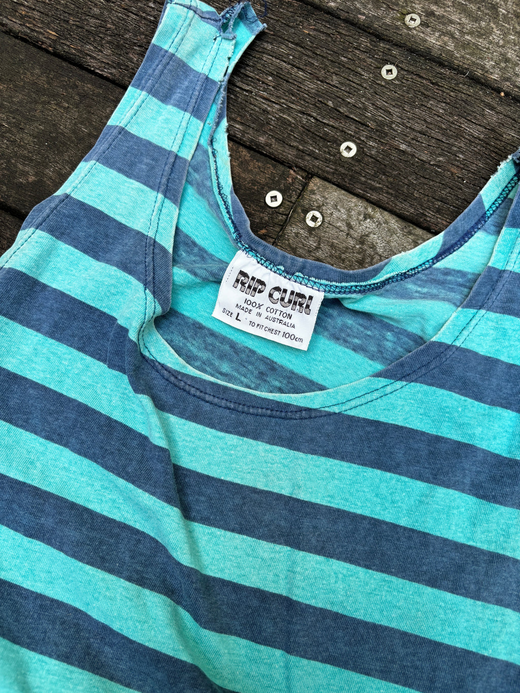 Vintage Rip Curl T-shirt in Green Blue Striped 1980s