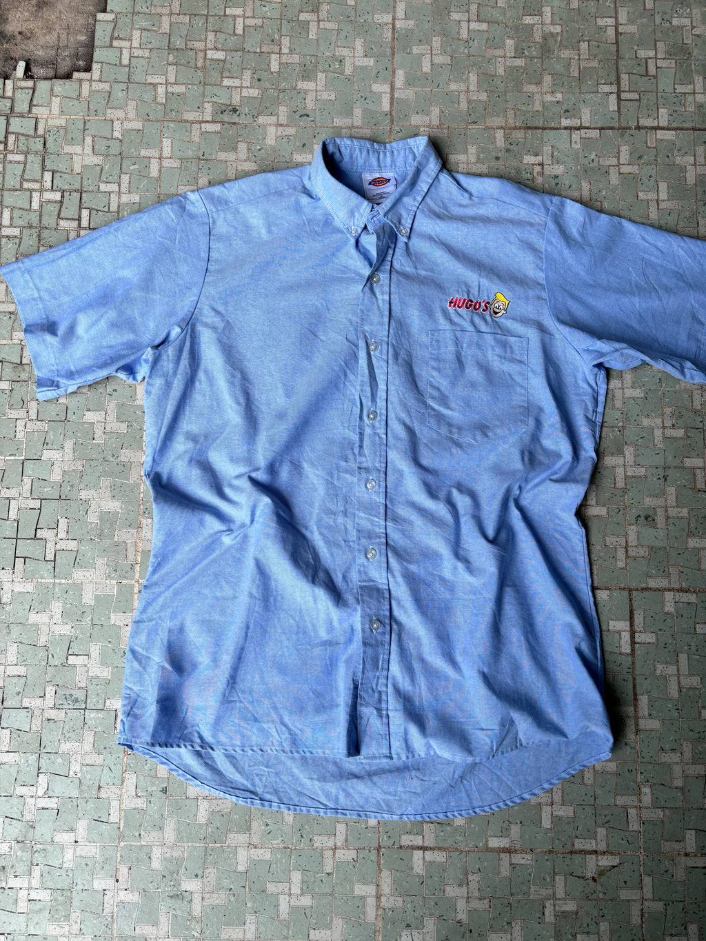 Dickies Workwear Shirt Size L/XL Blue Embroidered Logo "Hugo's" Button Up