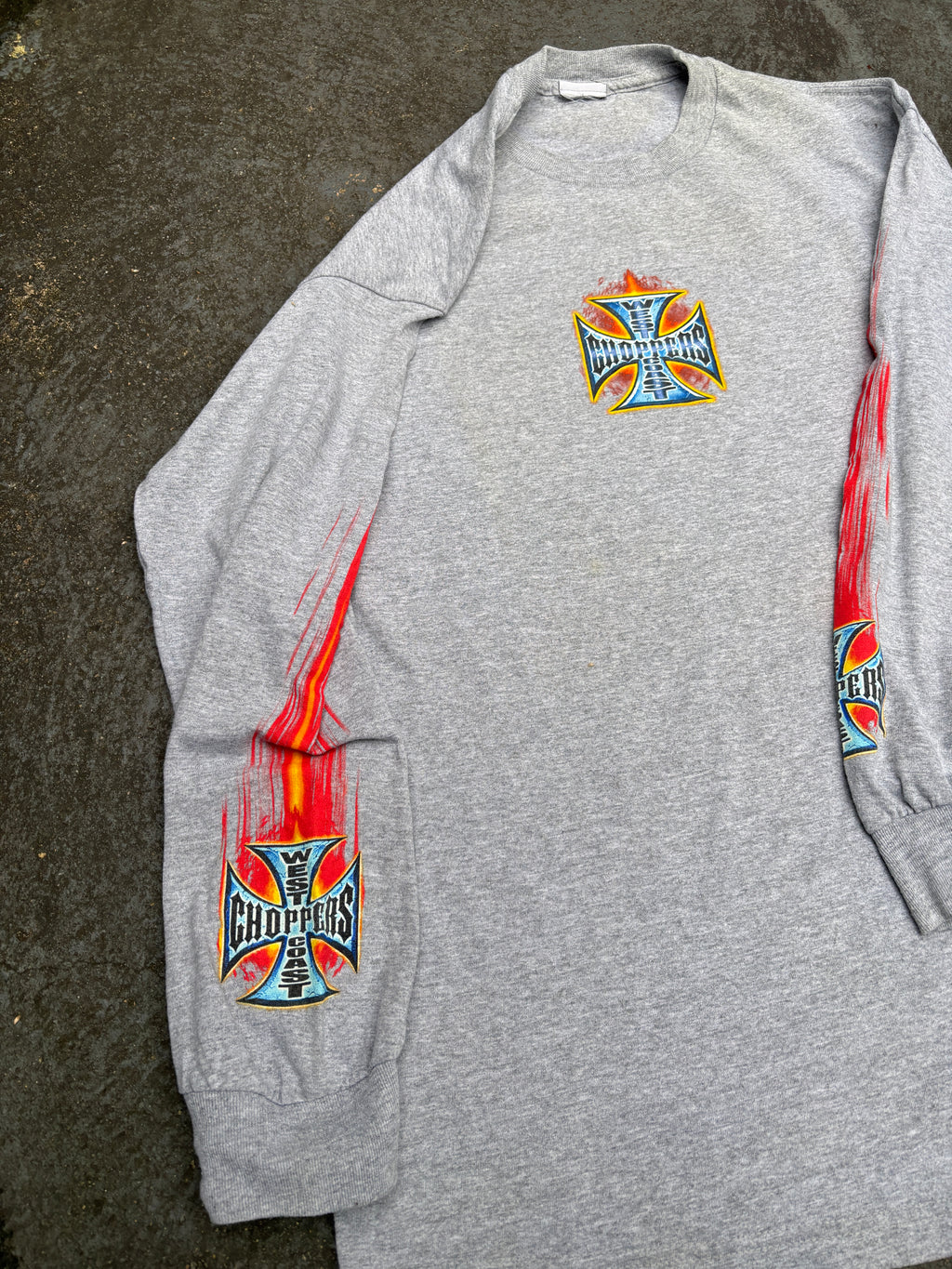 Vintage Y2K West Coast Choppers T-shirt Size M Grey Large Flame Logo Long Sleeve