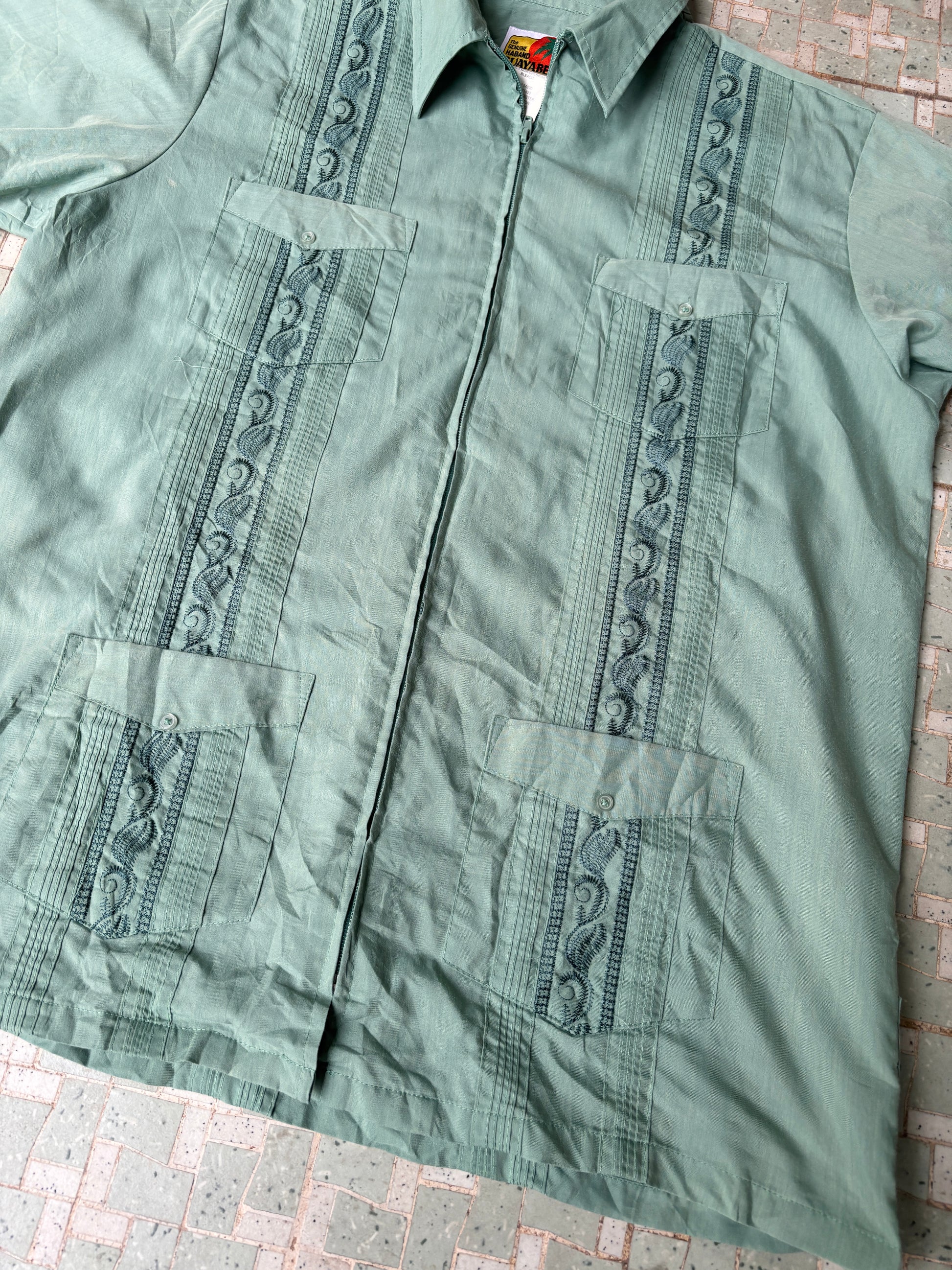 Vintage Cuban Zip Shirt Green 4 Pocket Front Size Medium Haband Guayabera Tag