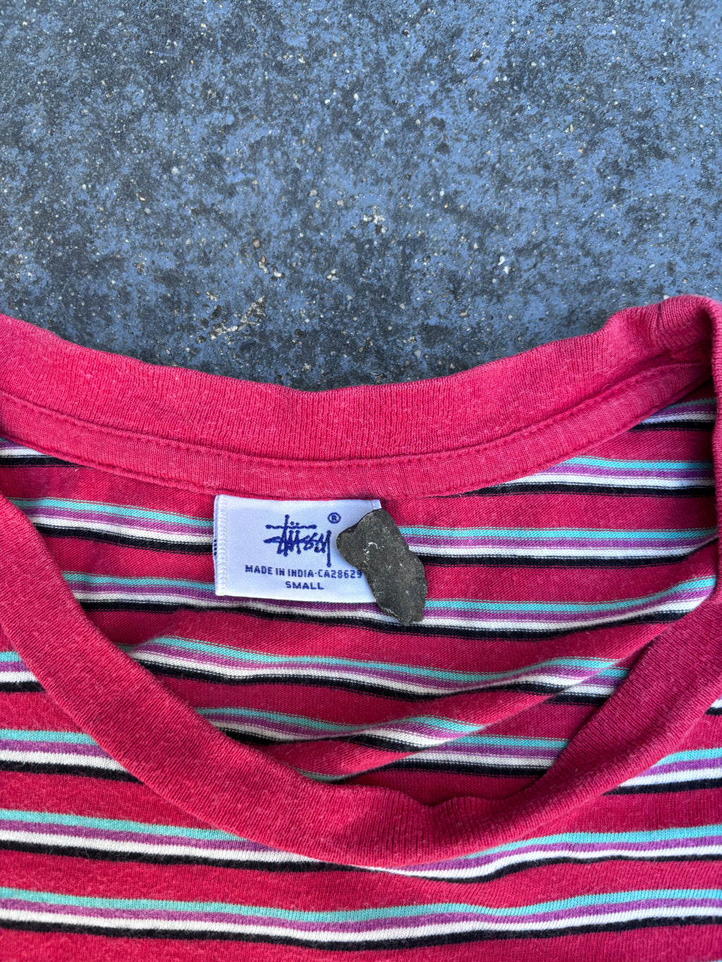 Vintage Y2K Stussy T-Shirt Men’s S Red Striped Spell Out Embroidered Logo