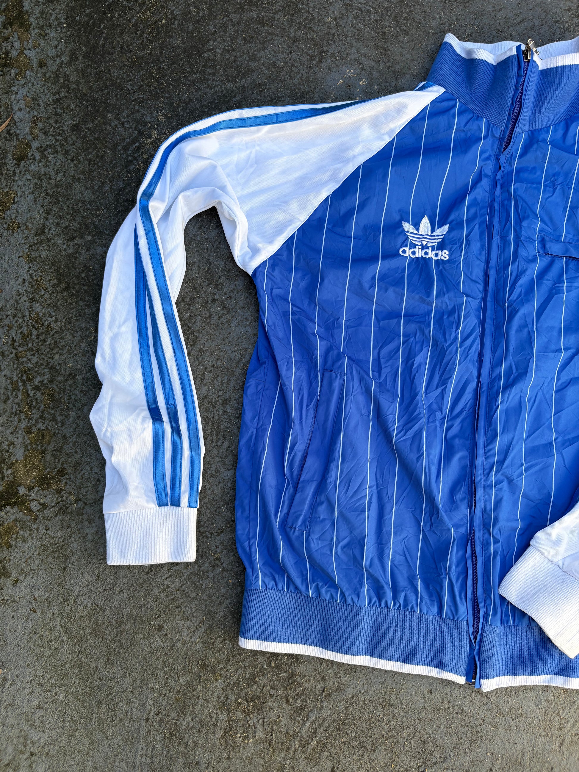 Vintage 90s Adidas Pinstripe Jacket Sz M Blue White Embroidered Logo Windbreaker