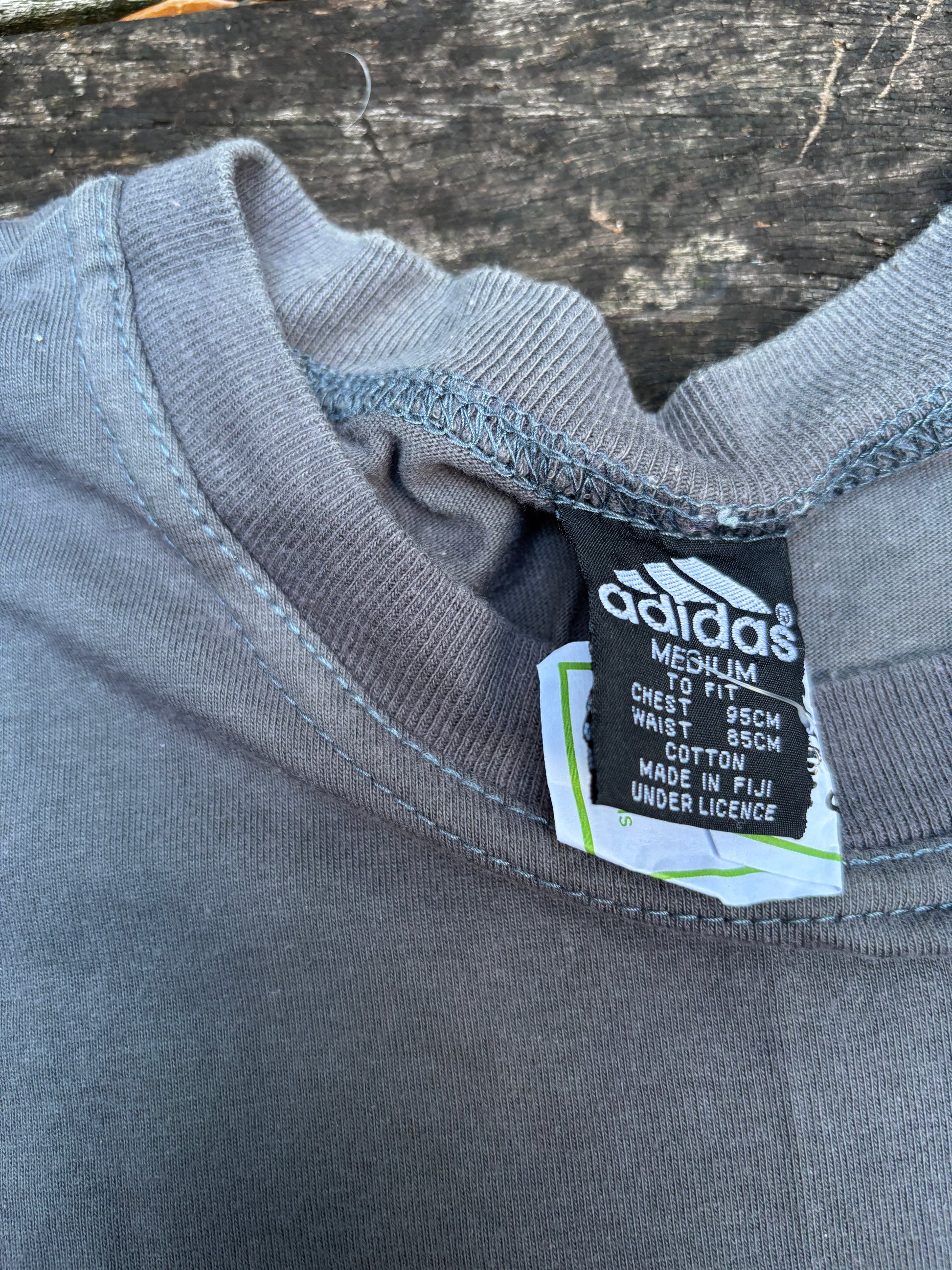 Vintage 90s Adidas T-shirt Size M Grey Large Chest Logo Crew Neck Made in Fiji