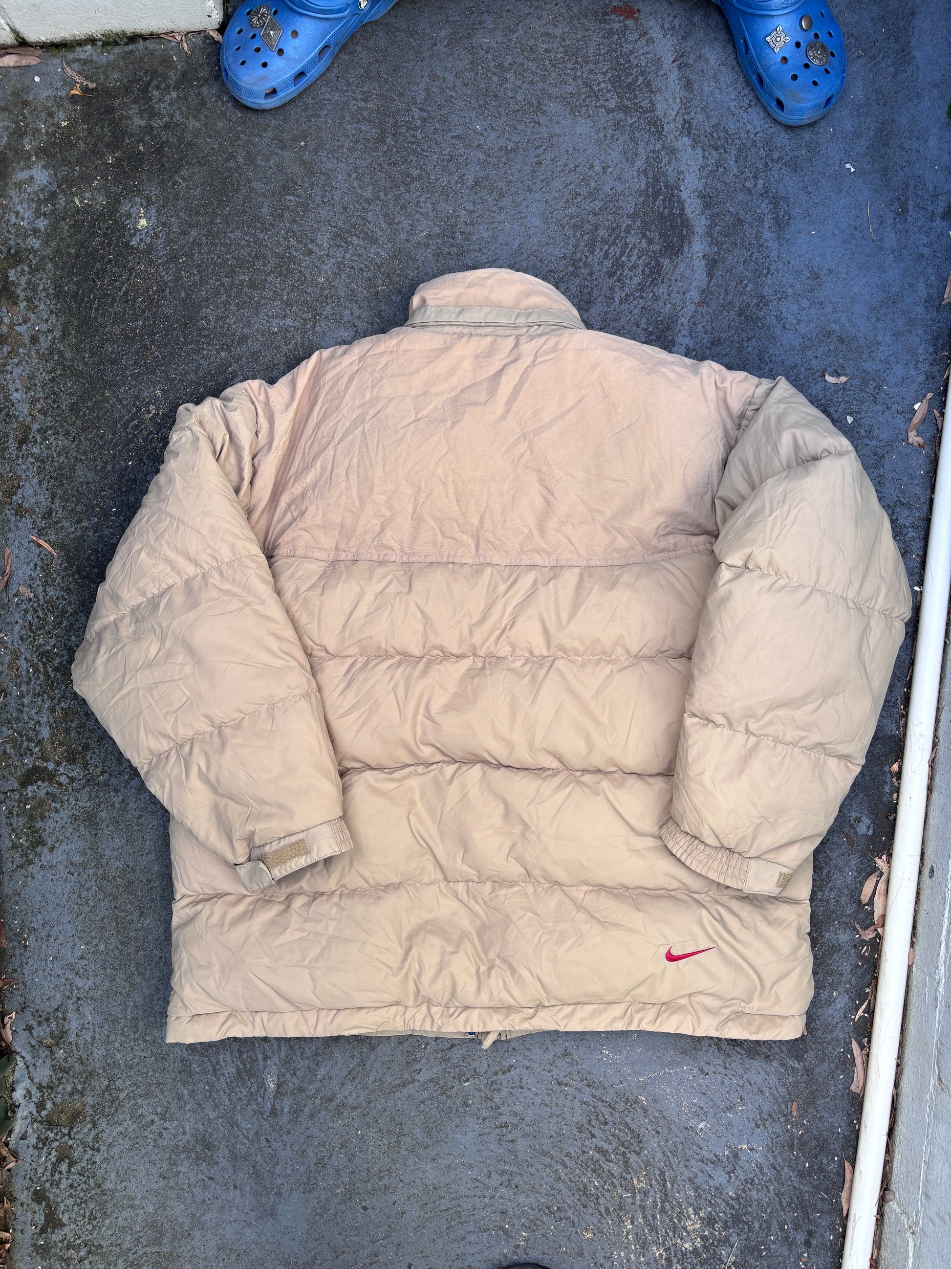 Vintage 90s Nike Down Puffer Jacket Size L Oversized Tan Red Swoosh Full Zip