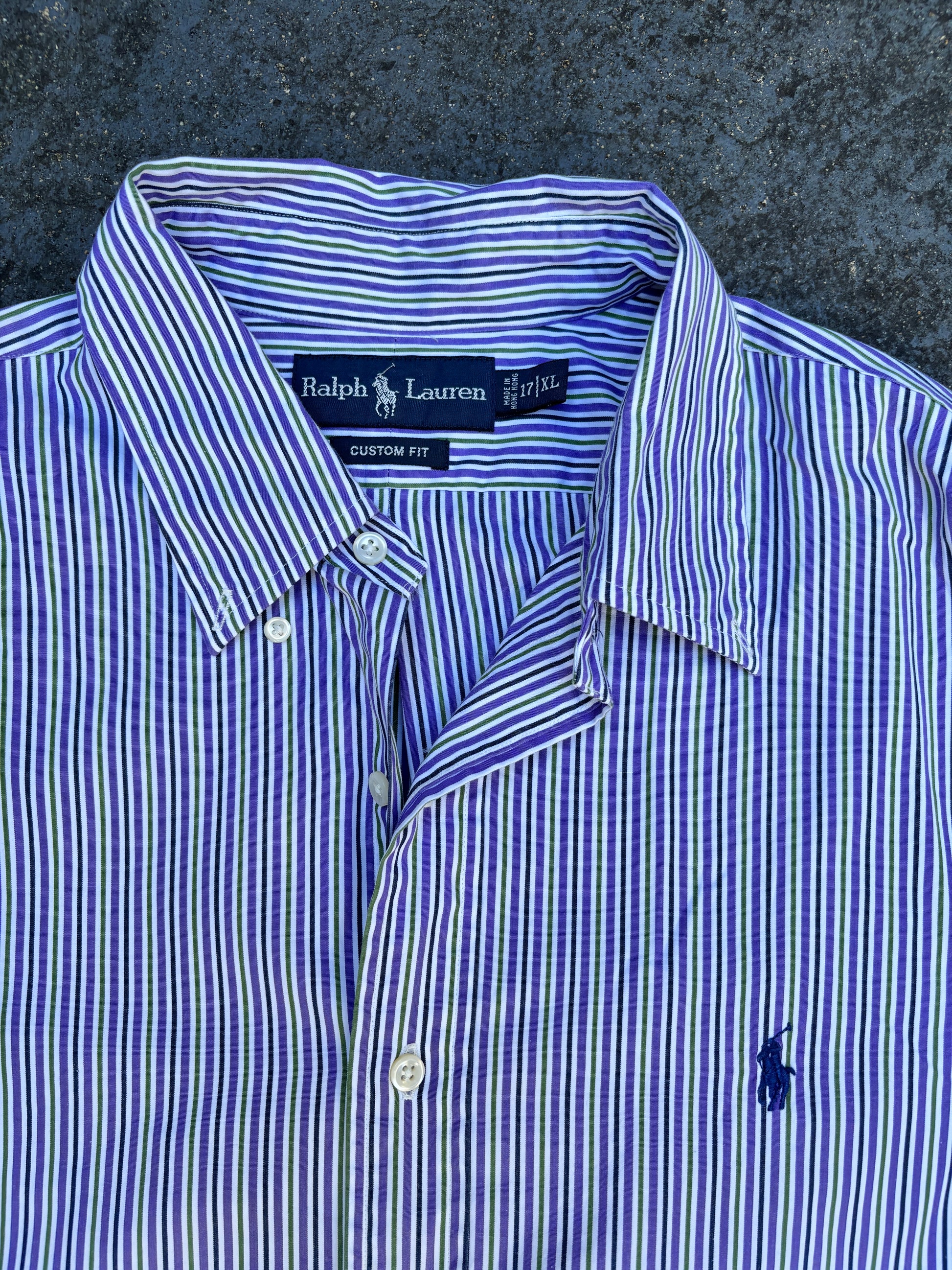Vintage 90s Ralph Lauren Shirt Men’s XL Purple Green Down Stripe Cotton Navy Pony