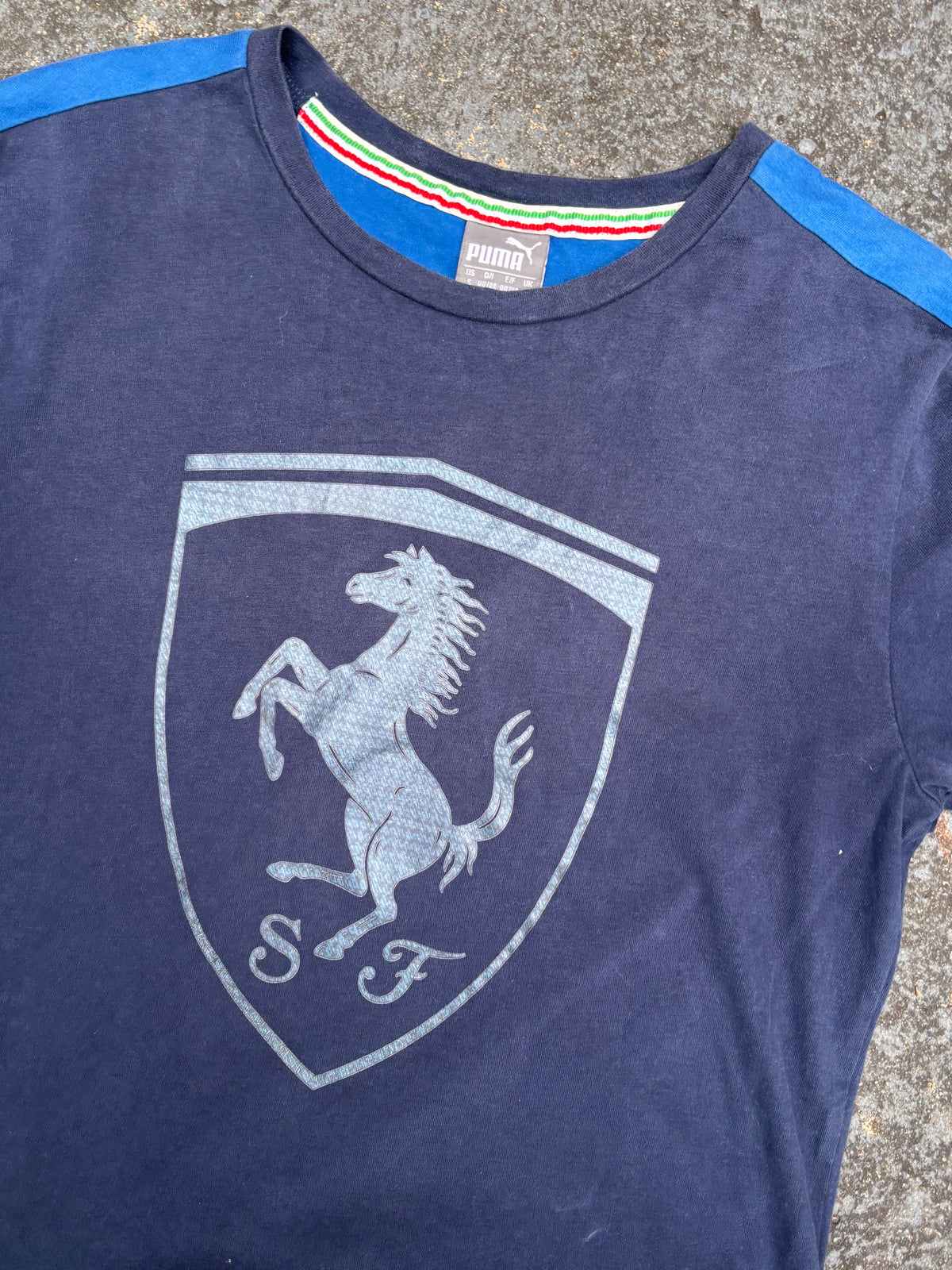 Vintage Y2K Puma Ferrari T-shirt Size S Navy Large Horse Graphic + Badge Crew Neck