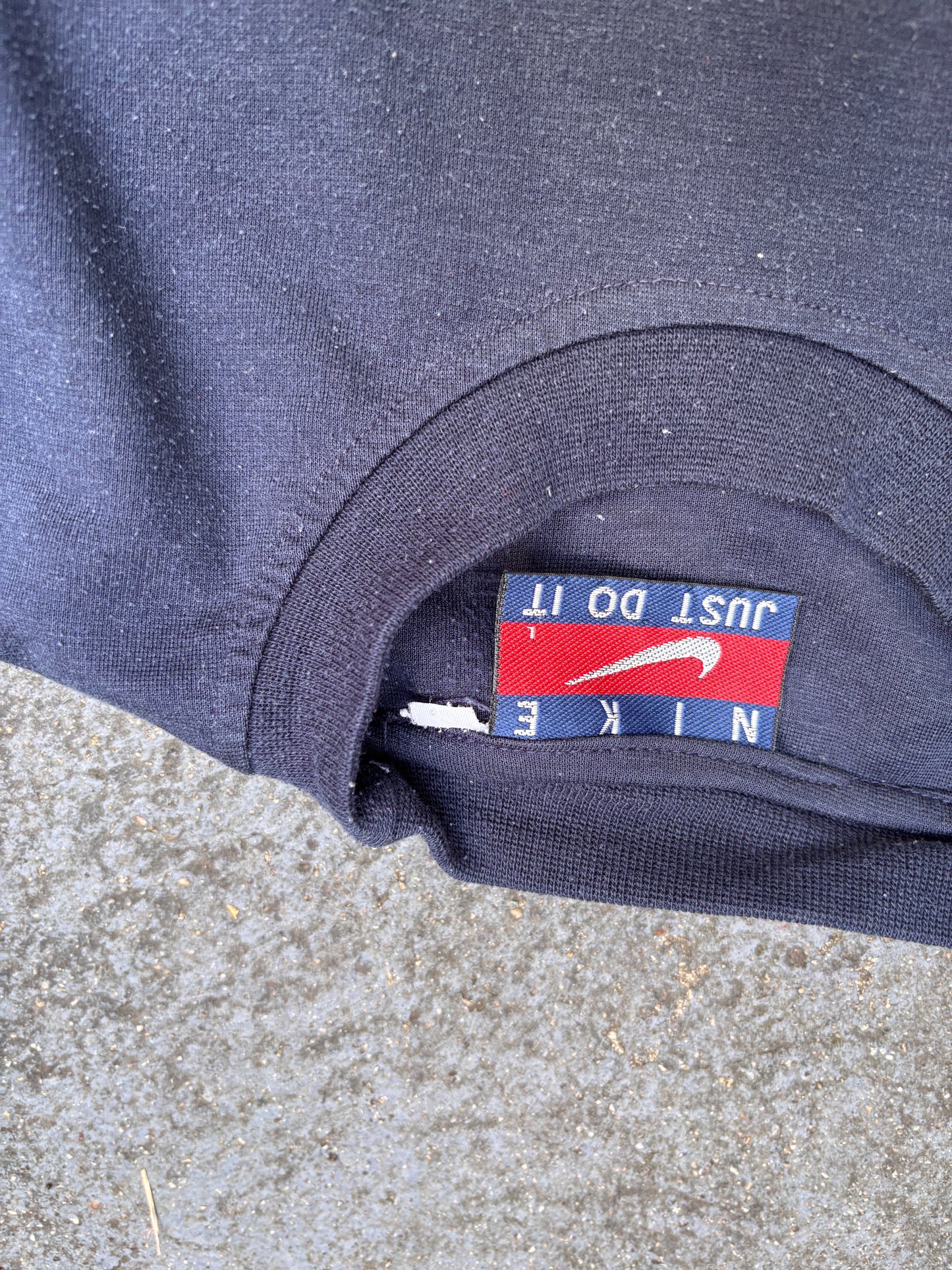 Vintage 90s Nike T-shirt Size S Navy Embossed Spell Out Logo Crew Neck Stretchy