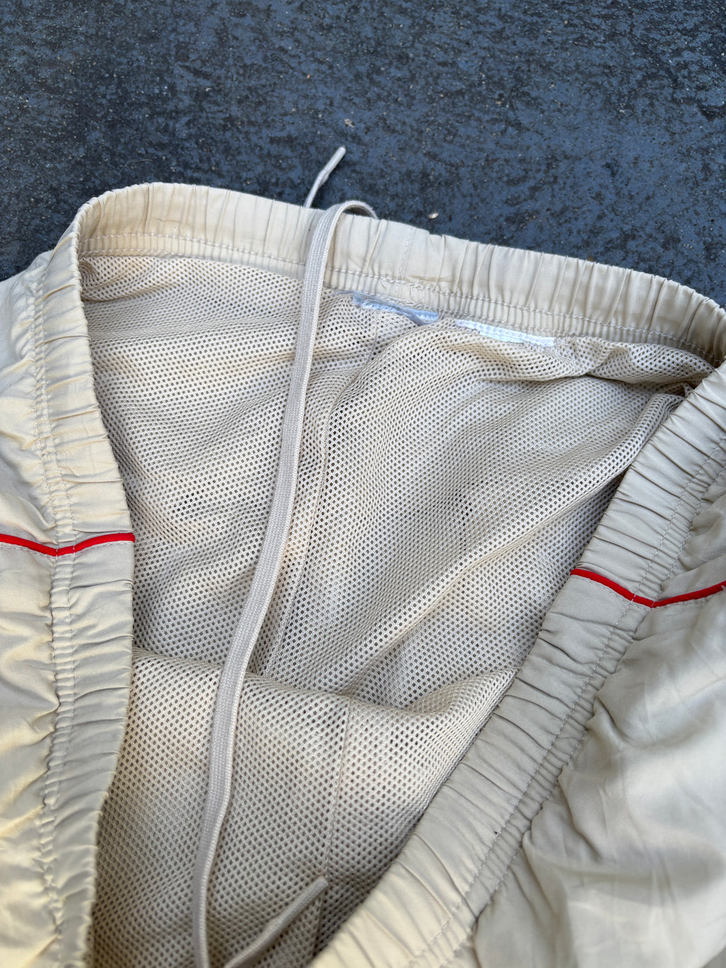 Vintage Y2K Nike Track Pants Size M Beige Red Detail Swoosh Classic Nylon Windbreakers