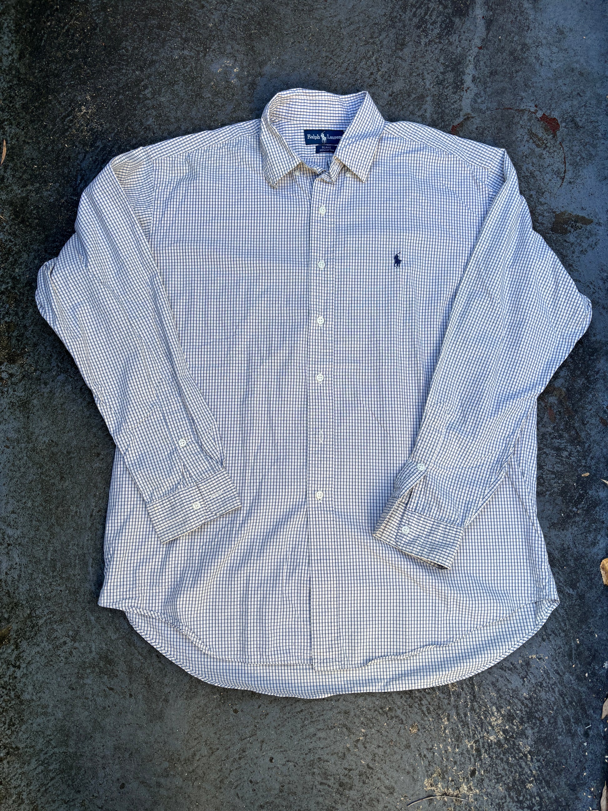 Vintage 90s Ralph Lauren Shirt Men’s L  Blue Cream Check Button Up Navy Pony
