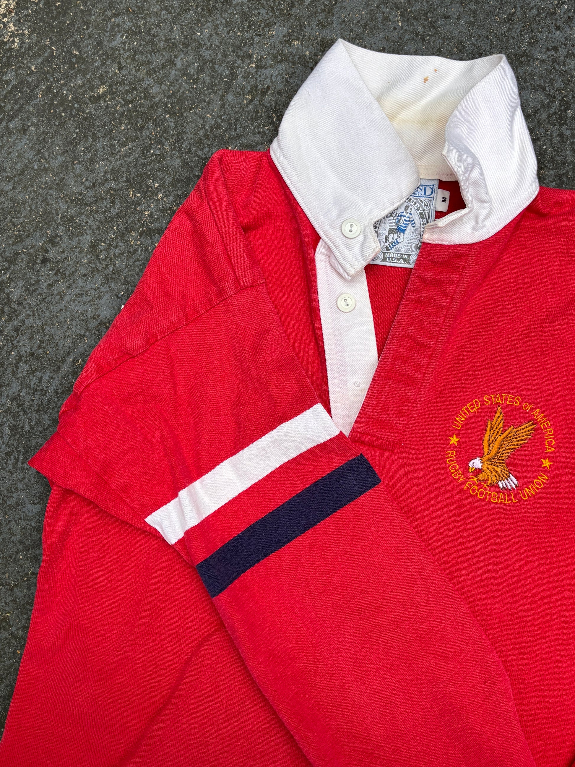 Vintage 90s Lands End Rugby Polo Size M Red Eagle Embroidered Logo Made in USA