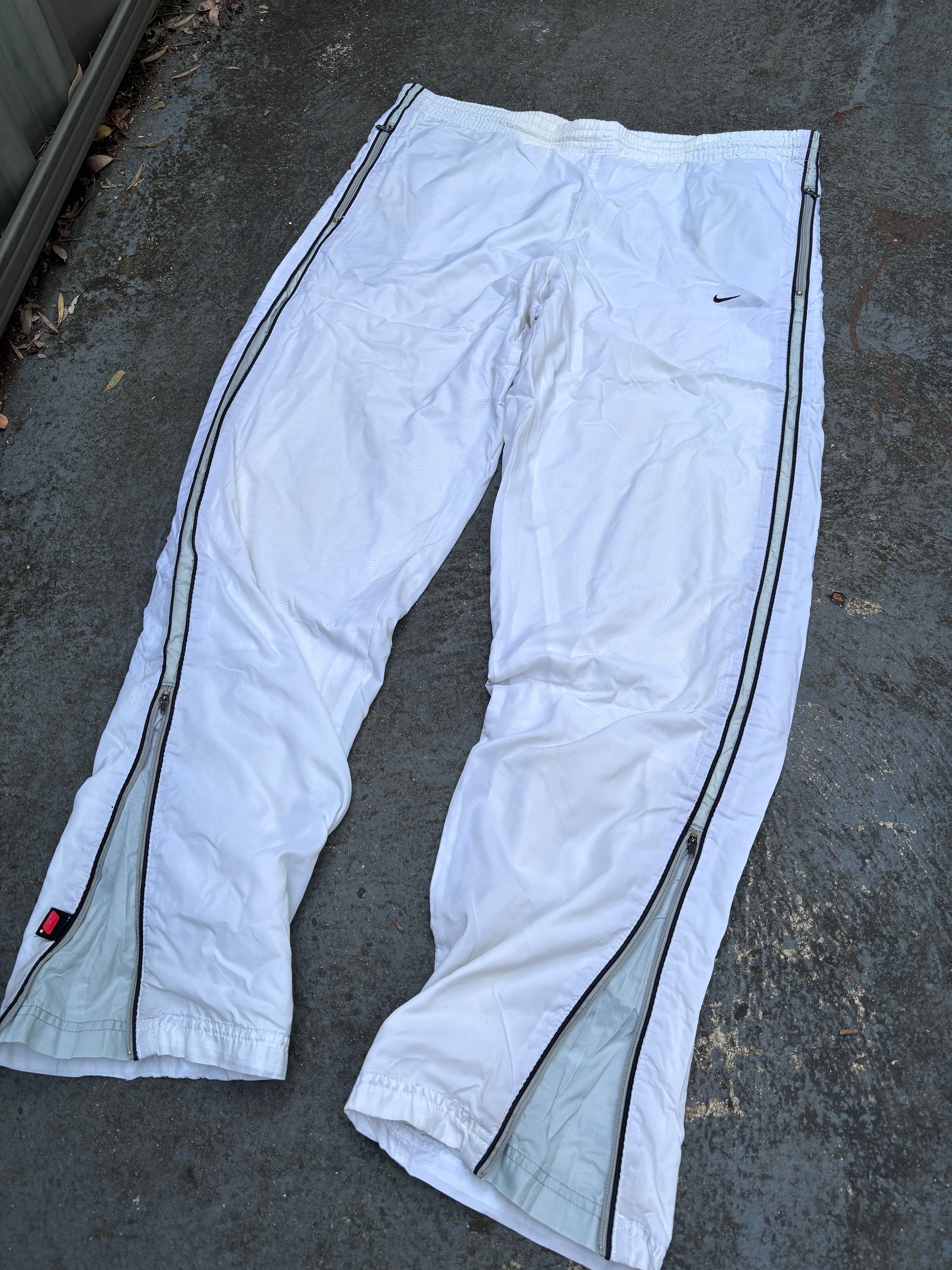 Vintage Y2K Nike Track Pants Size S White Blue Detail Wide Leg Nylon Windbreaker