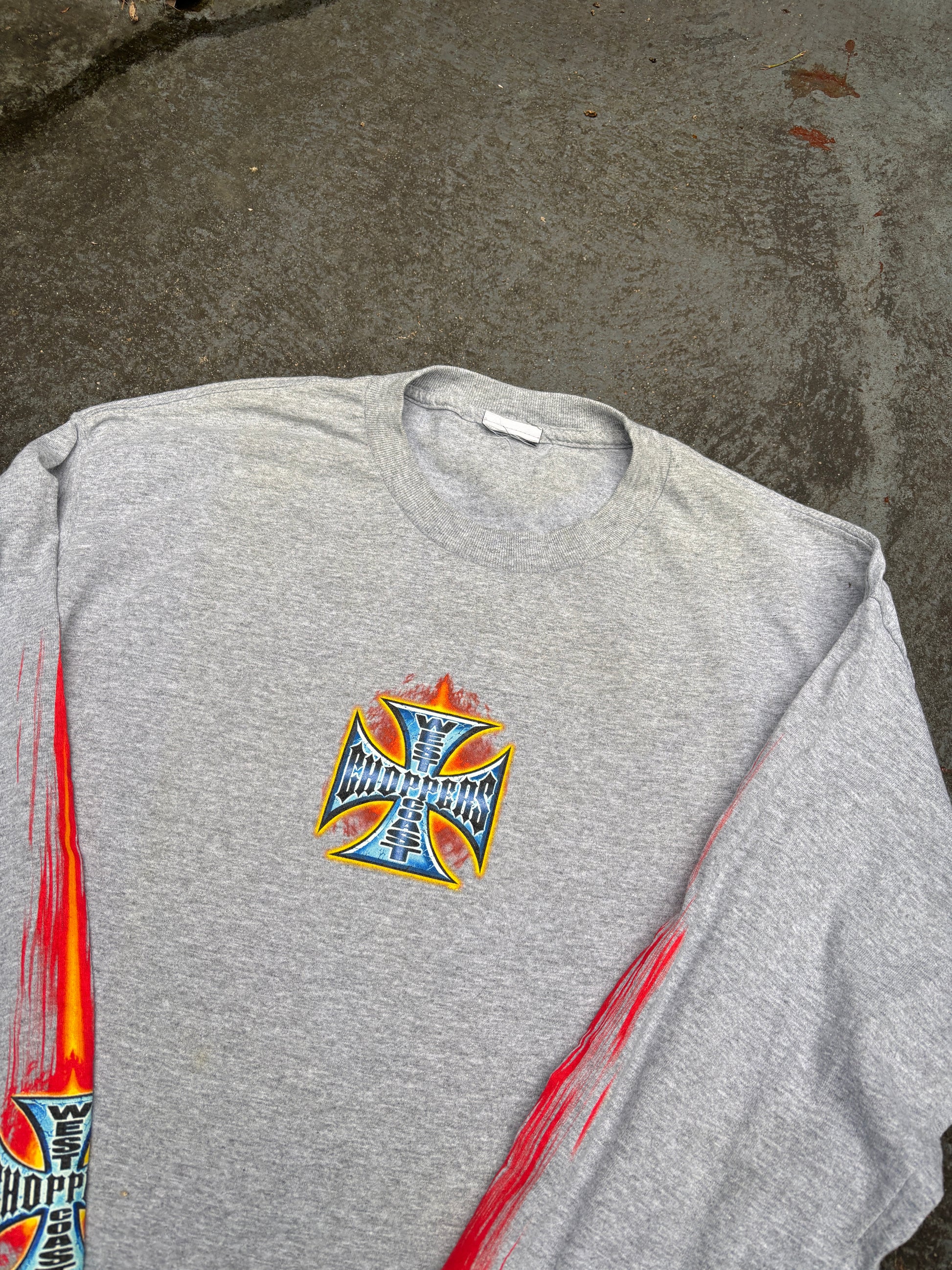 Vintage Y2K West Coast Choppers T-shirt Size M Grey Large Flame Logo Long Sleeve