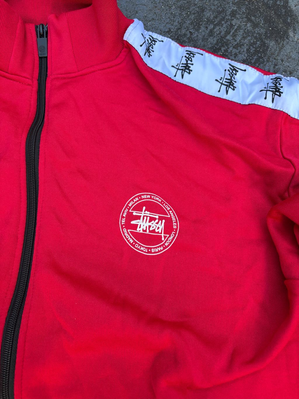 Stussy Jacket Size M Red White Arm Tape Logo World Tour Chest Logo Full Zip