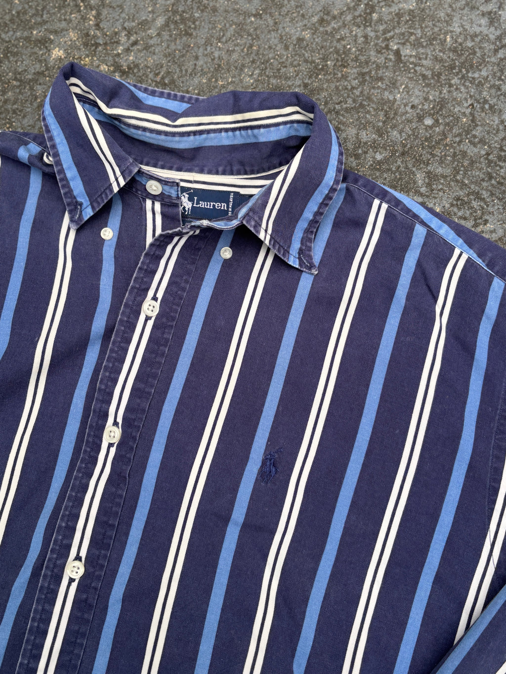 Vintage 90s Ralph Lauren Shirt Size L Navy Two Tone Downstripe Navy Pony Button Up