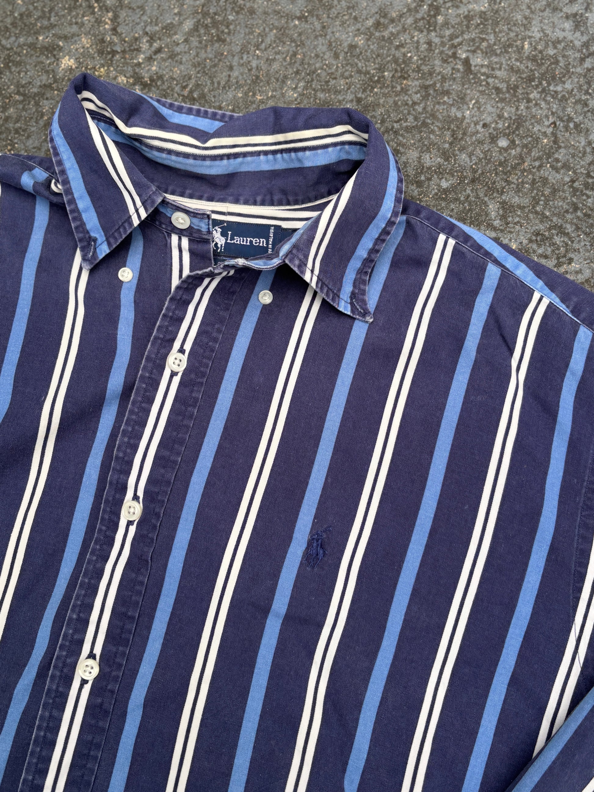 Vintage 90s Ralph Lauren Shirt Size L Navy Two Tone Downstripe Navy Pony Button Up