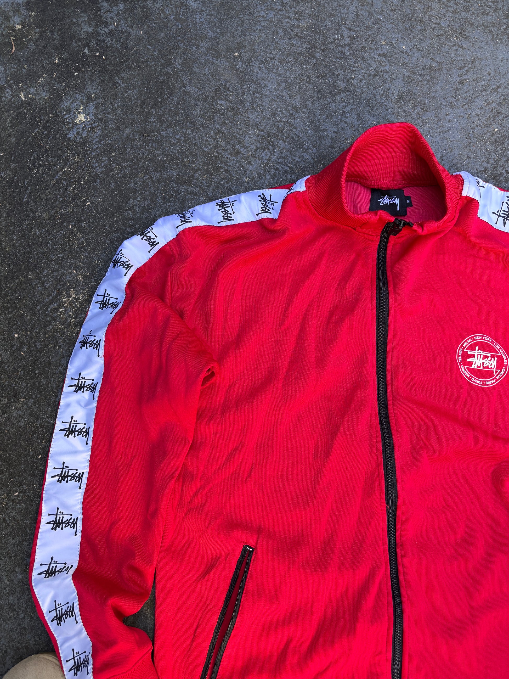 Stussy Jacket Size M Red White Arm Tape Logo World Tour Chest Logo Full Zip