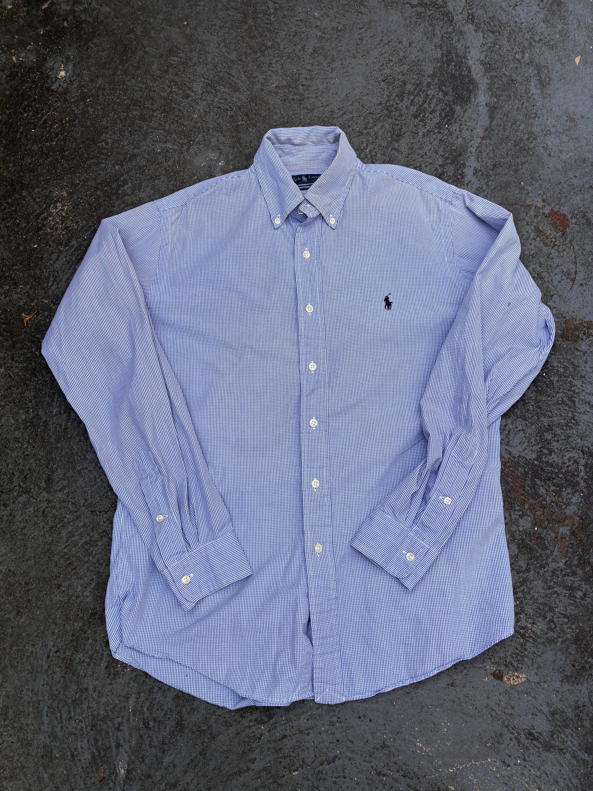Vintage 90s Ralph Lauren Shirt Size M Blue Check Button Up Blue Pony Custom Fit