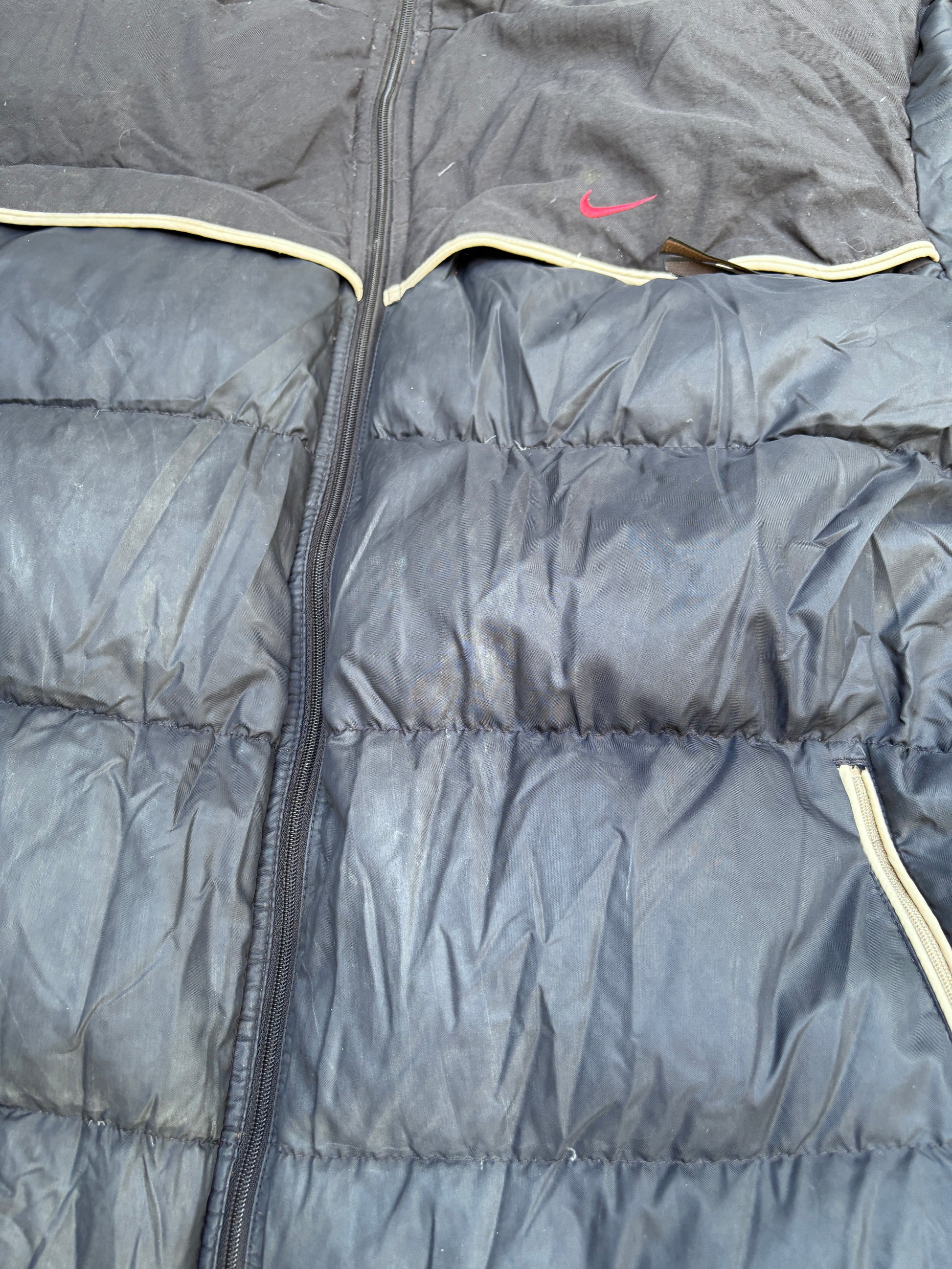 Vintage 90s Nike Down Puffer Jacket Size L Oversized Black Red Swoosh Full Zip