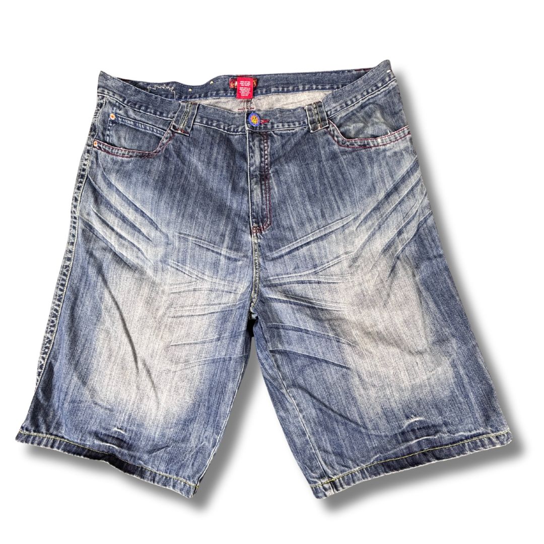 Vintage Miskeen Denim Shorts Men’s 44 Mid-Wash Embroidered Patchwork Hip Hop Jorts