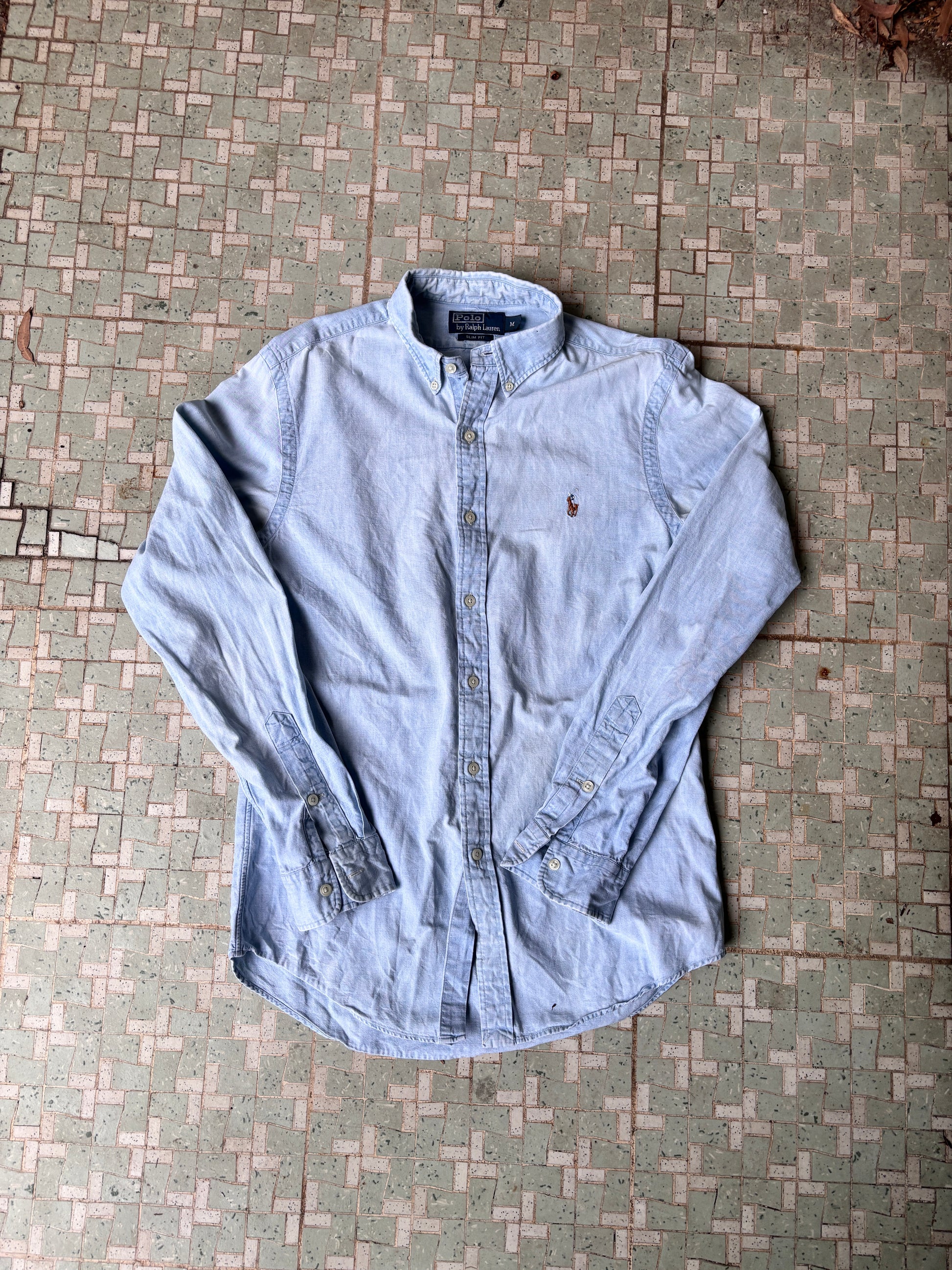 Vintage Y2K Polo Ralph Lauren Shirt Size M Blue Washed Faded Look Colour Pony