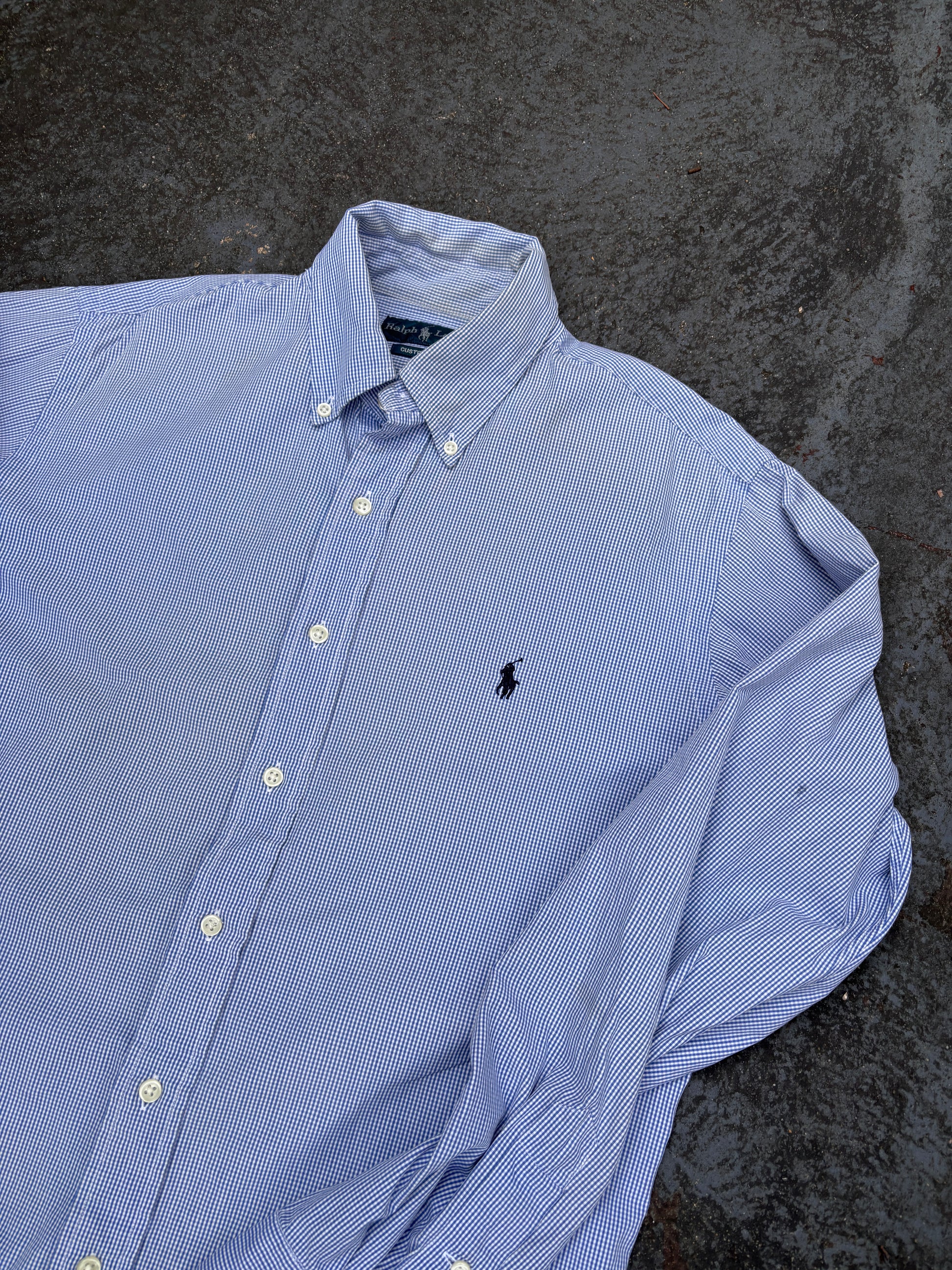 Vintage 90s Ralph Lauren Shirt Size M Blue Check Button Up Blue Pony Custom Fit