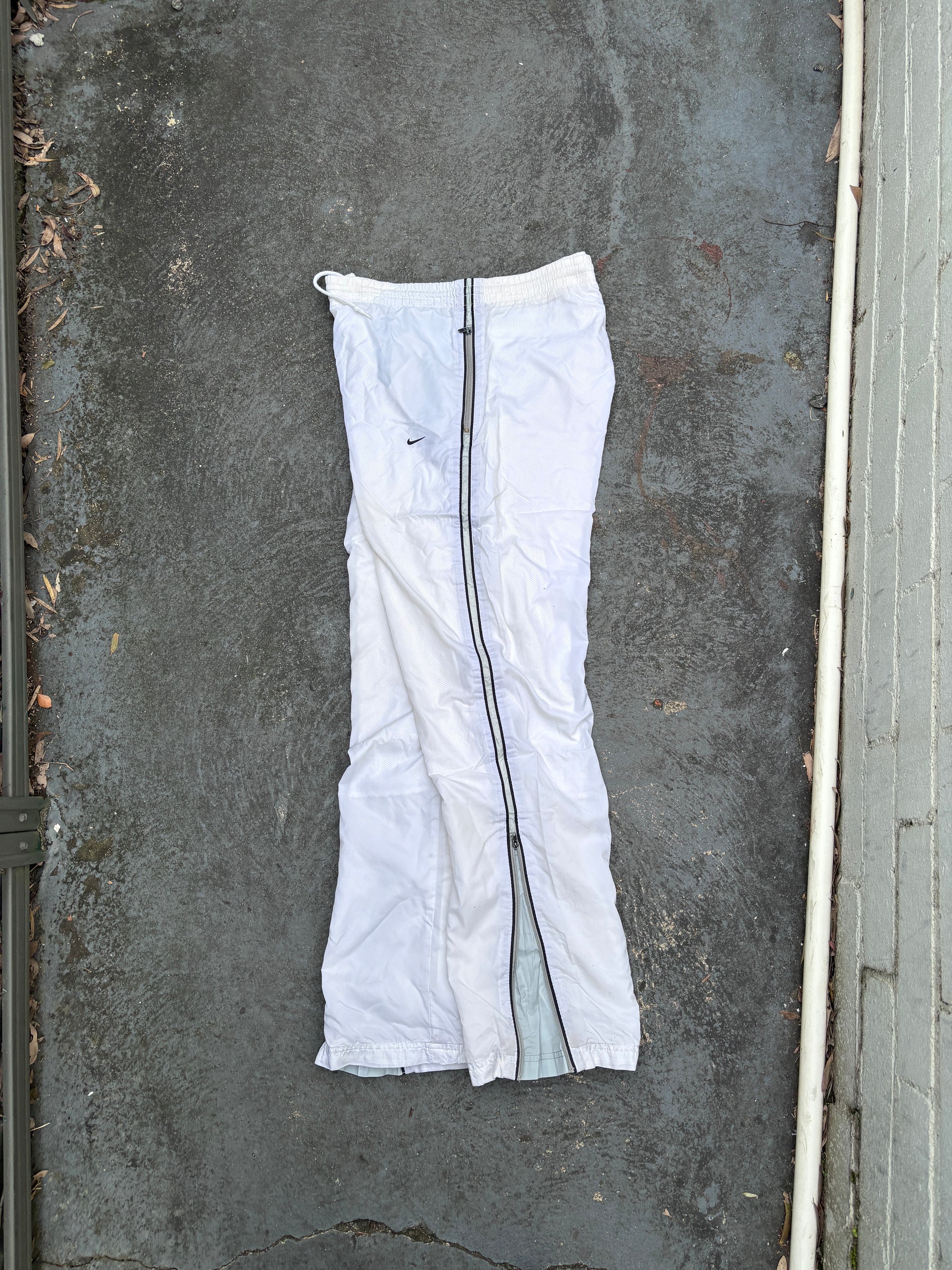 Vintage Y2K Nike Track Pants Size S White Blue Detail Wide Leg Nylon Windbreaker