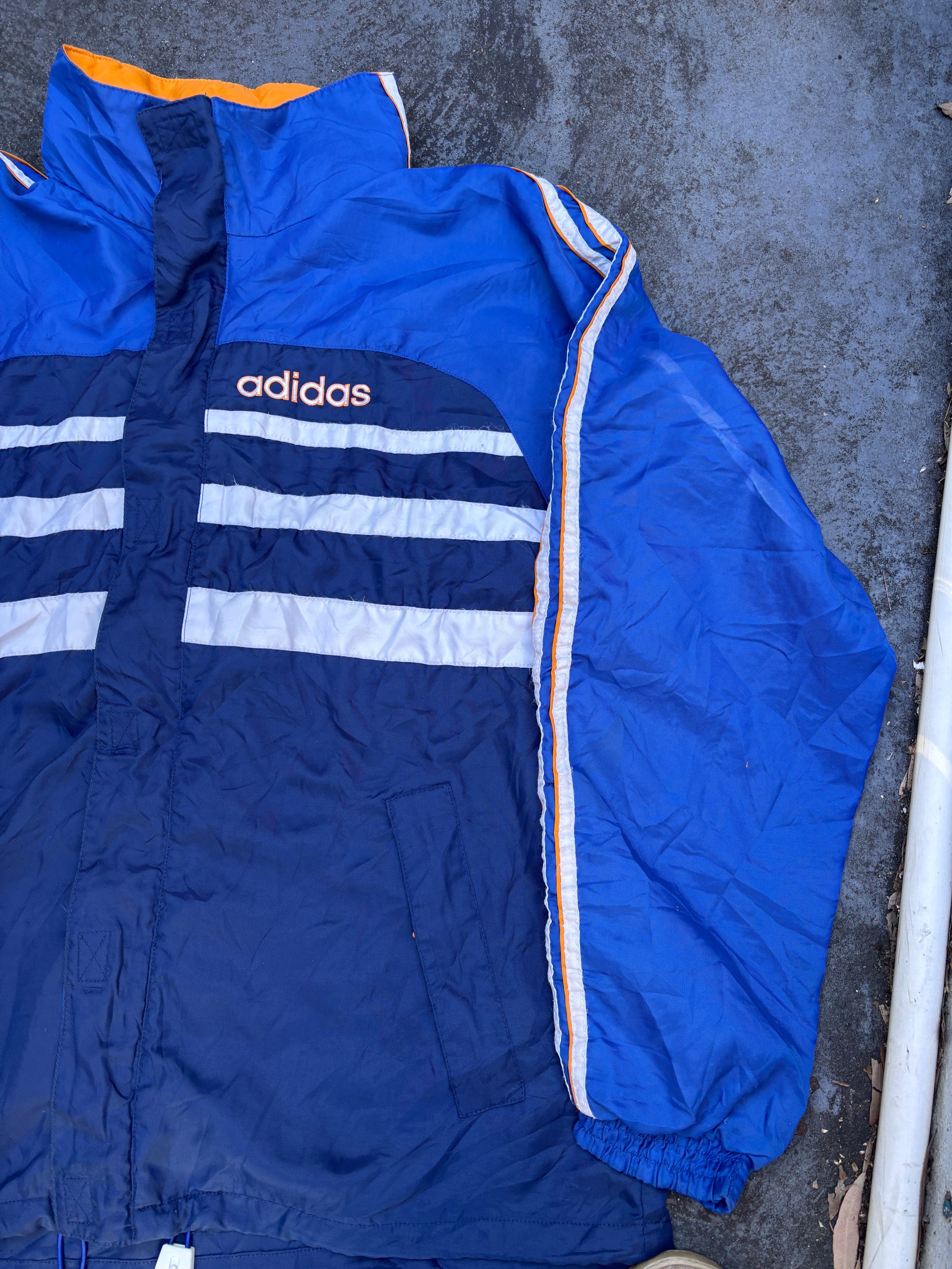 Vintage 90s Adidas Jacket Size M Blue Orange Retro Full Zip Hood Windbreaker