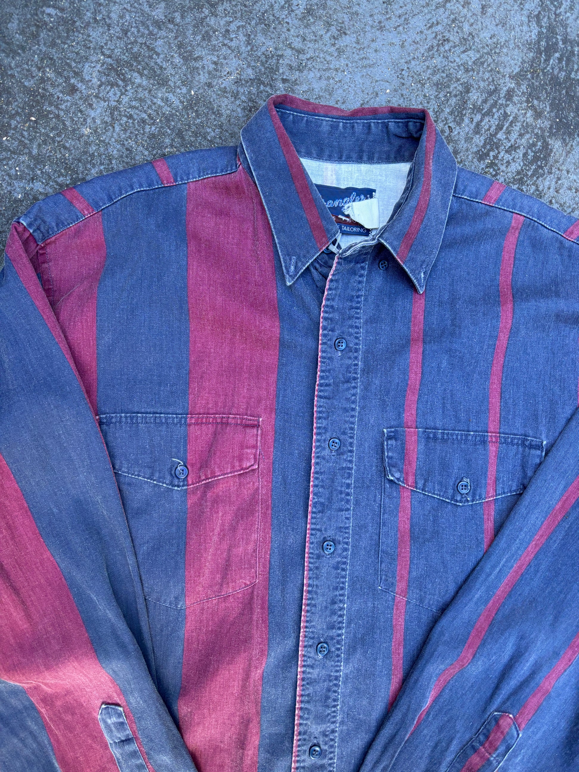 Vintage 90s Wrangler Single Needle Long Tail Shirt Size M Navy Red Down Stripe