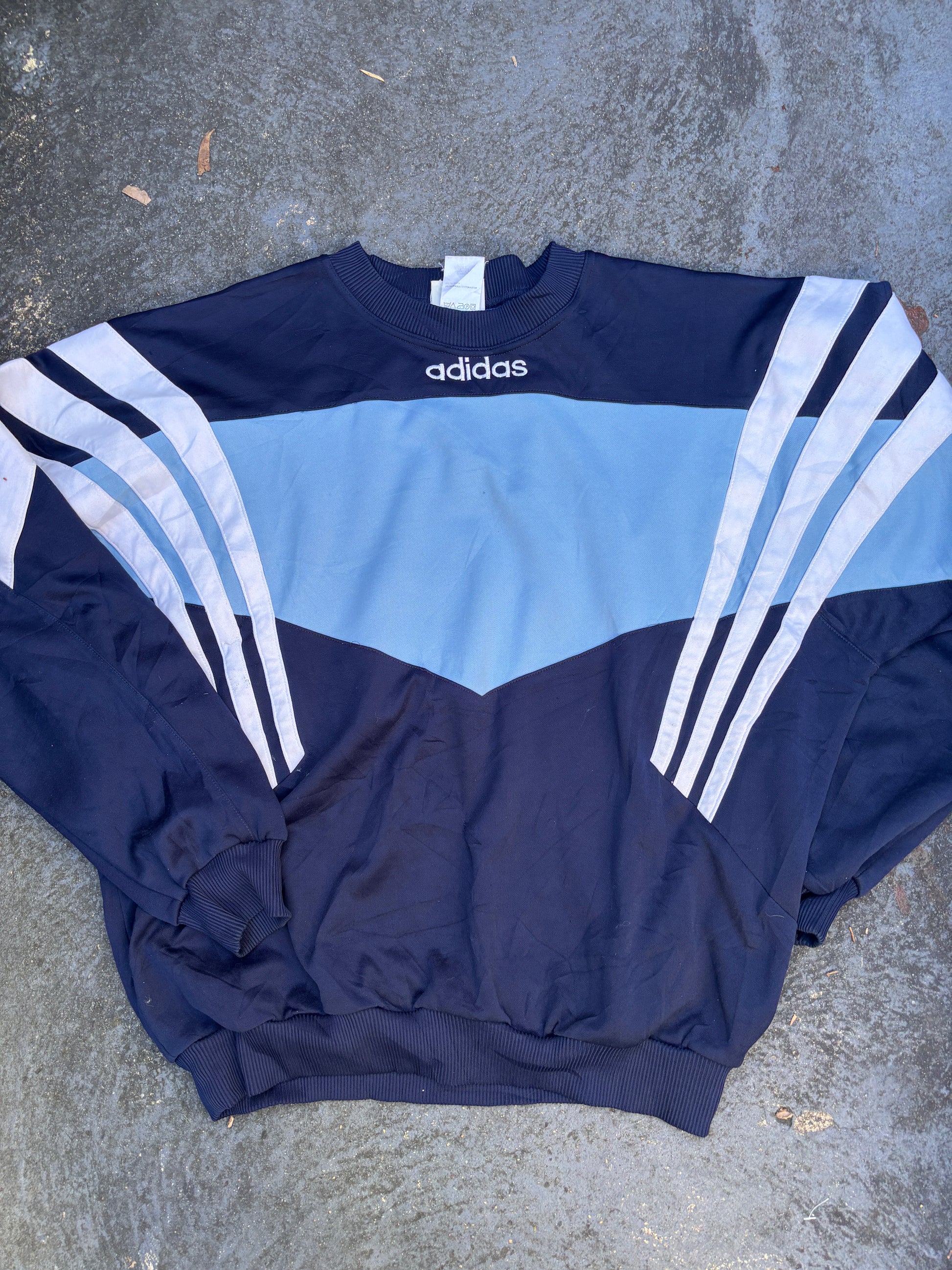 Vintage 90s Adidas Jumper Size L Two Tone Blue Spell Out Logo 3 Stripe