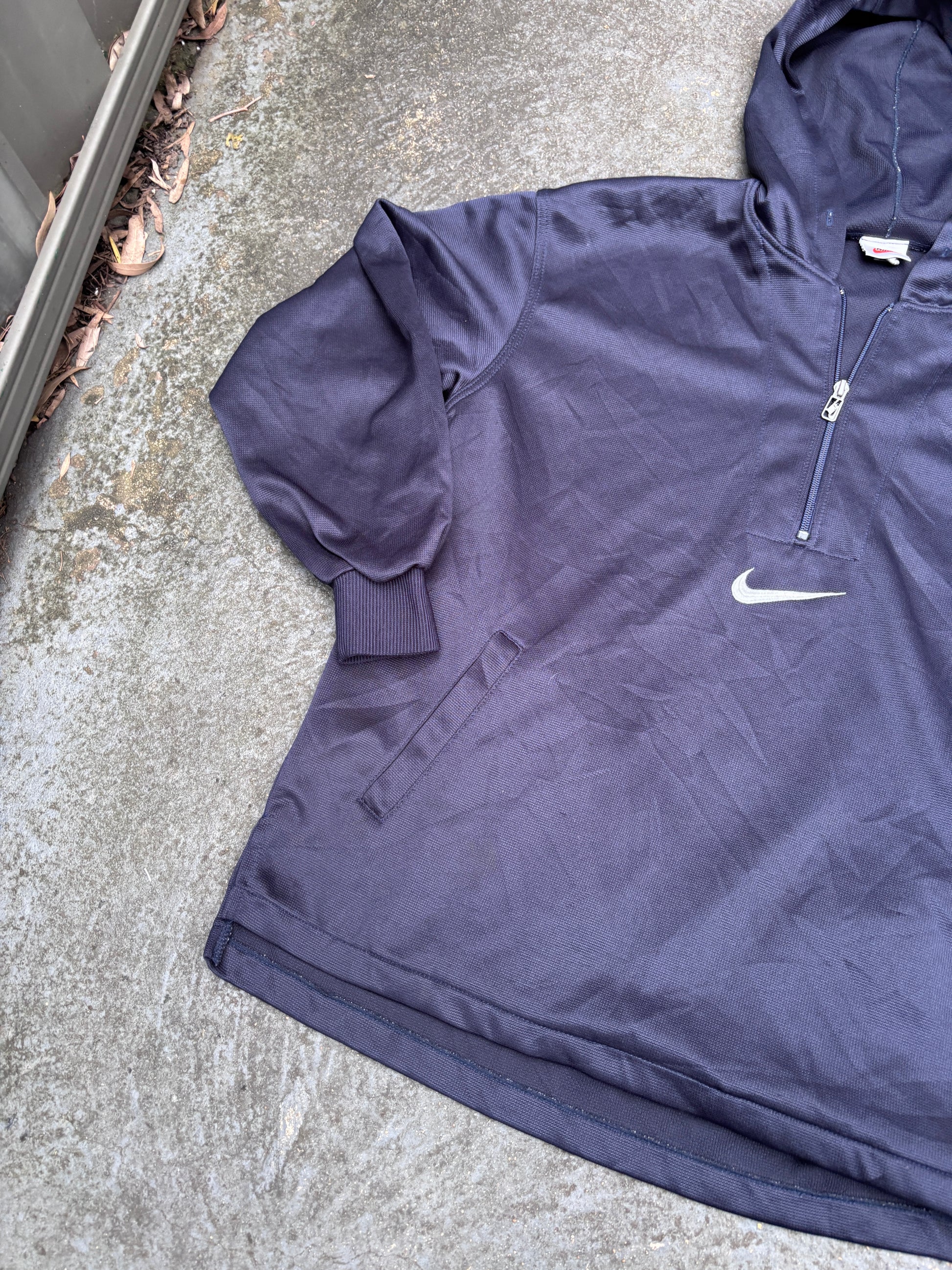 Vintage 90s Nike Anorak Hoodie Size M Navy White Swoosh Mesh Texture Pouch