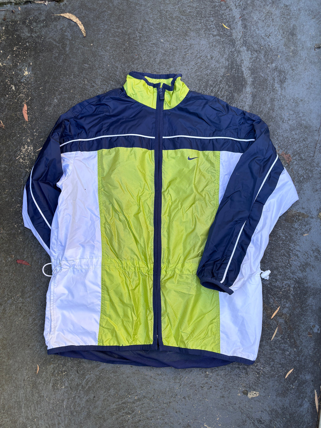 Vintage 90s Nike Jacket Womens M Blue Green Spell Out Logo Bungee Nylon Windbreaker